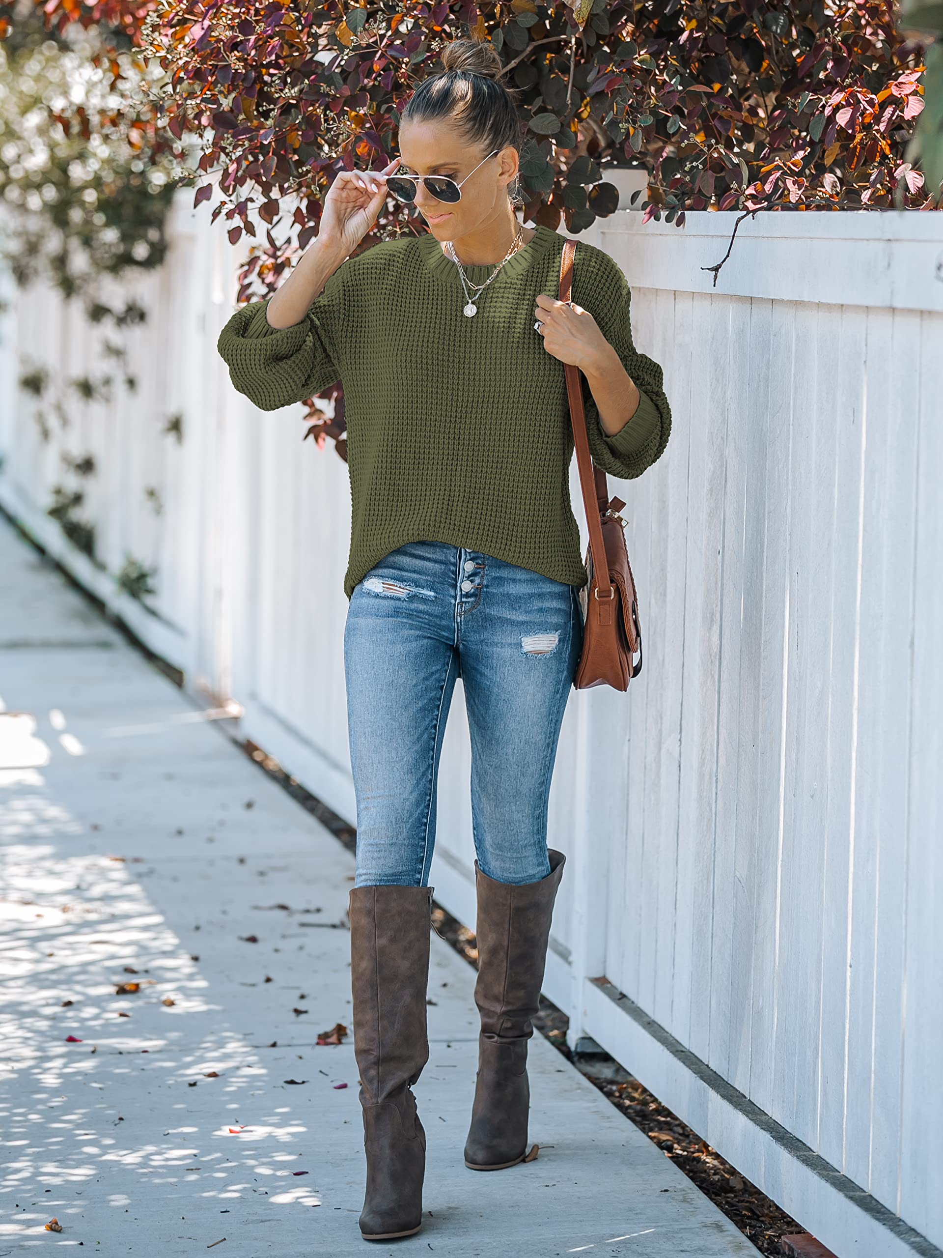 MEROKEETY Women's 2024 Fall Waffle Knit Sweater - Long Balloon Sleeve Loose Pullover Jumper - Casual Knitted Top for Autumn - Perfect for Office, Date Night & Coffee Dates