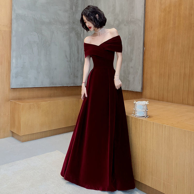 Burgundy Off Shoulder Velvet A-Line Long Prom Dress - Elegant Evening Formal Party Gown for Homecoming, Wedding, Banquet & Special Occasions