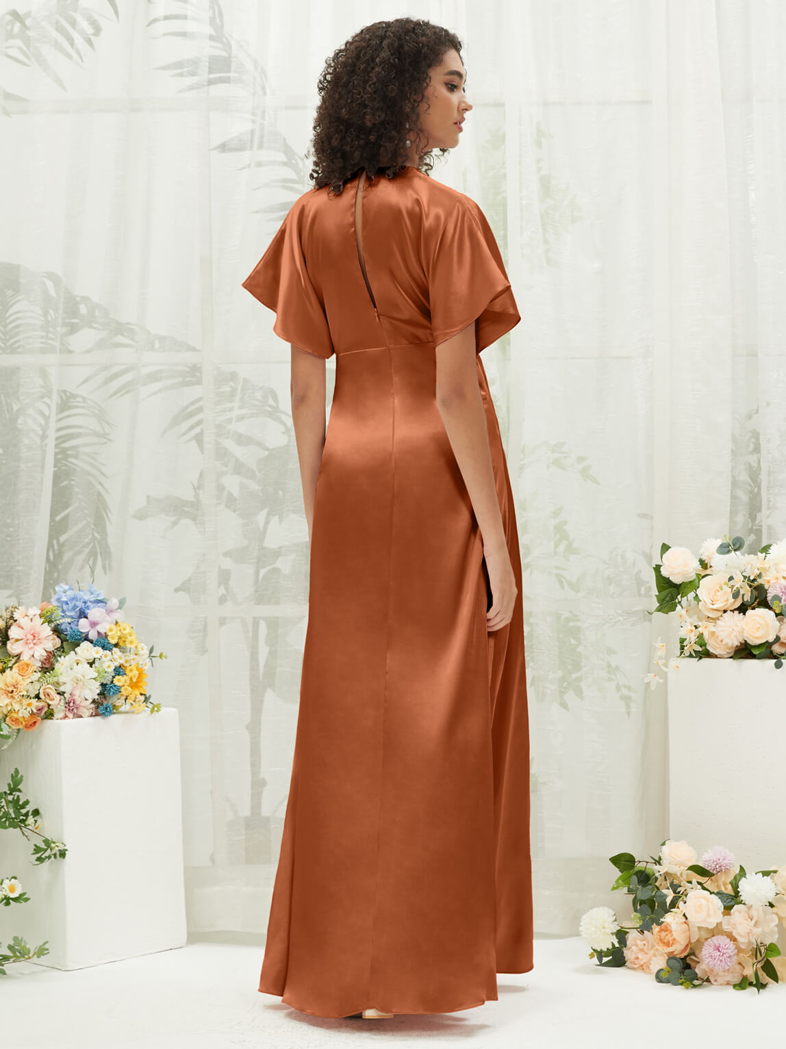 Elegant Cooper V-Neck Short Sleeve Satin Maxi Bridesmaid Dress with High Slit - Perfect for Weddings, Formal Events & Evening Parties