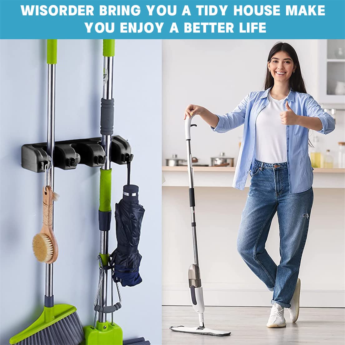 Heavy Duty Wall Mount Broom Holder with 3 Grippers & 4 Hooks - Mop and Broom Organizer for Garage, Utility Room, Garden Tool Storage - Space Saving Home Organization Solution for Cleaning Supplies