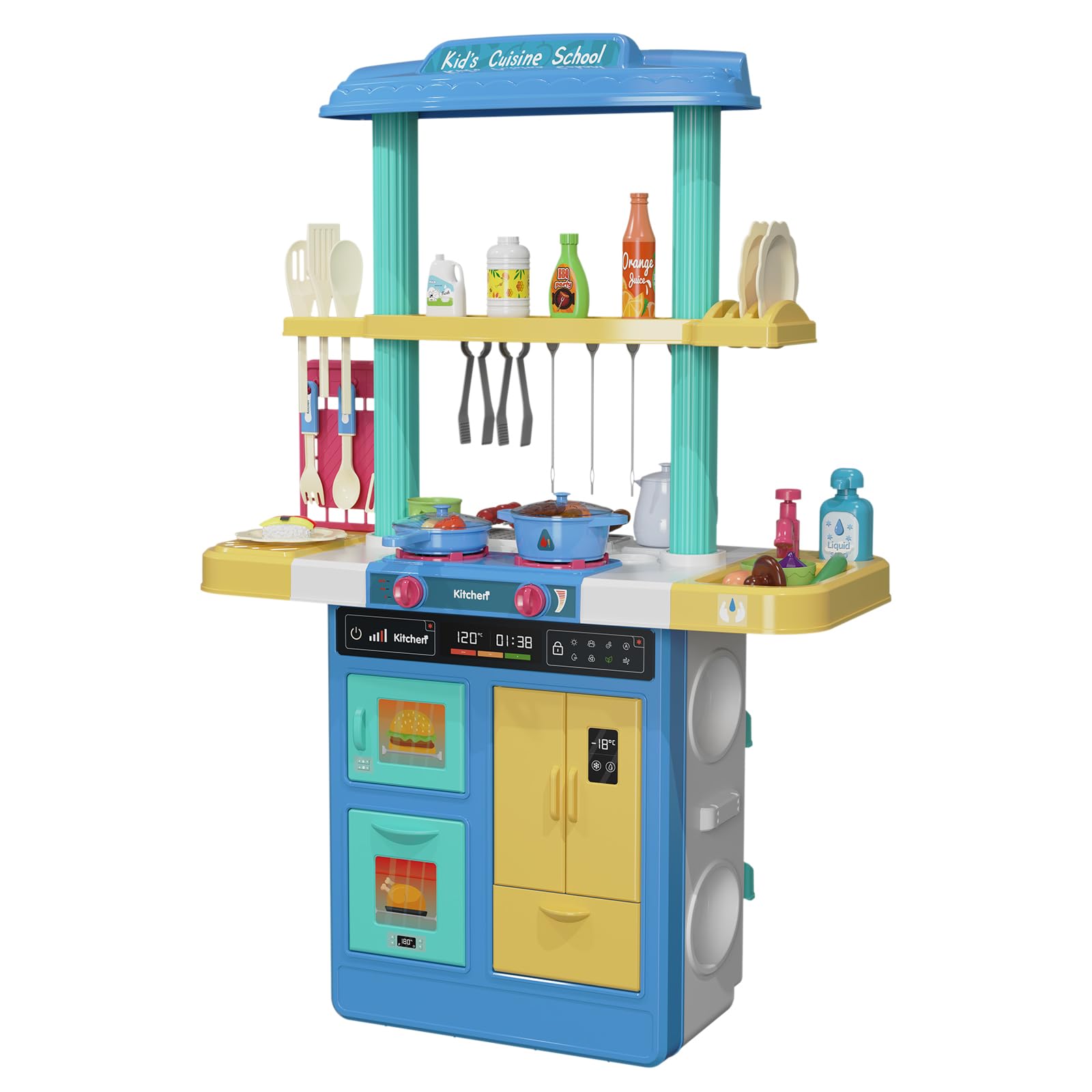 TEMI Kids Kitchen Playset & 60 Pcs Toy Accessories - Interactive Pretend Play Kitchen with Real Sounds & Lights - Toddler Cooking Toy Set for Boys & Girls (Blue) - Perfect for Imaginative Play, Birthday Gifts & Preschool Learning Activities