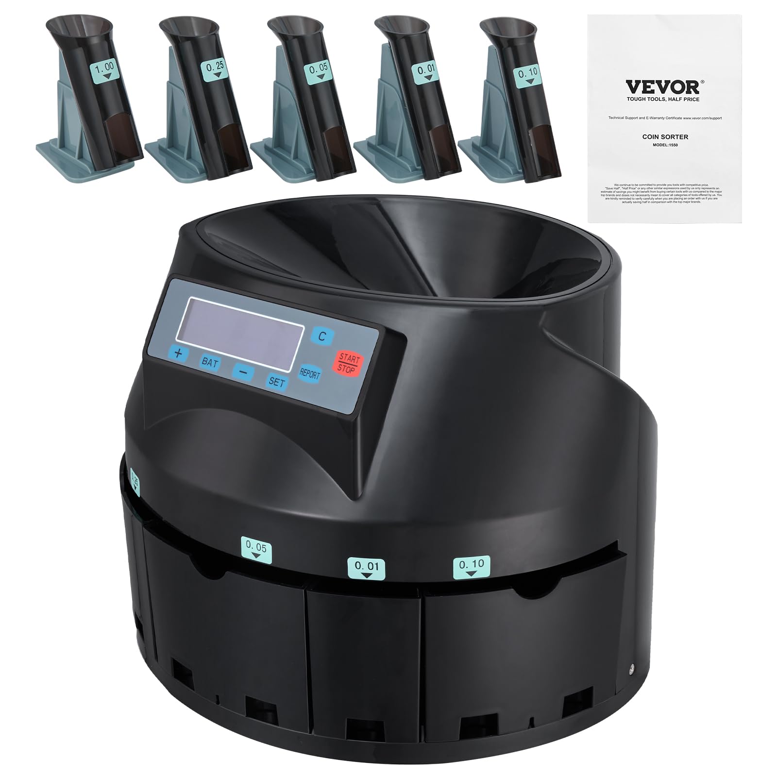 VEVOR Coin Counter & Sorter Machine with LCD Display - High Speed 300 Coins/min, 2000 Coin Capacity for US Currency (Pennies, Nickels, Dimes, Quarters & $1 Coins) - Includes 5 Sorting Bins & Tubes - Perfect for Banks, Retail Stores & Cash-Intensive Businesses