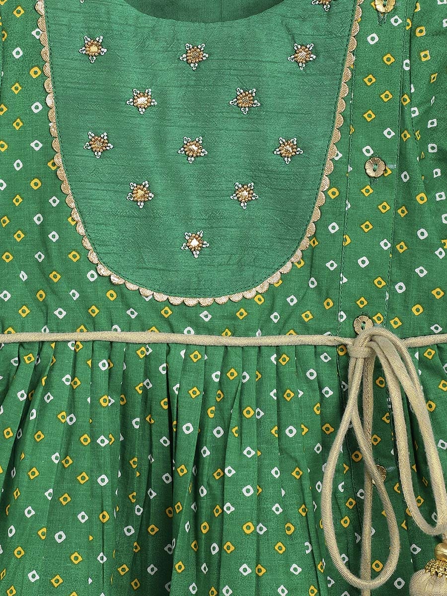 Baby Girl Bandhani Printed Angrakha Suit Set - Green Ethnic Indian Outfit for Festivals & Special Occasions