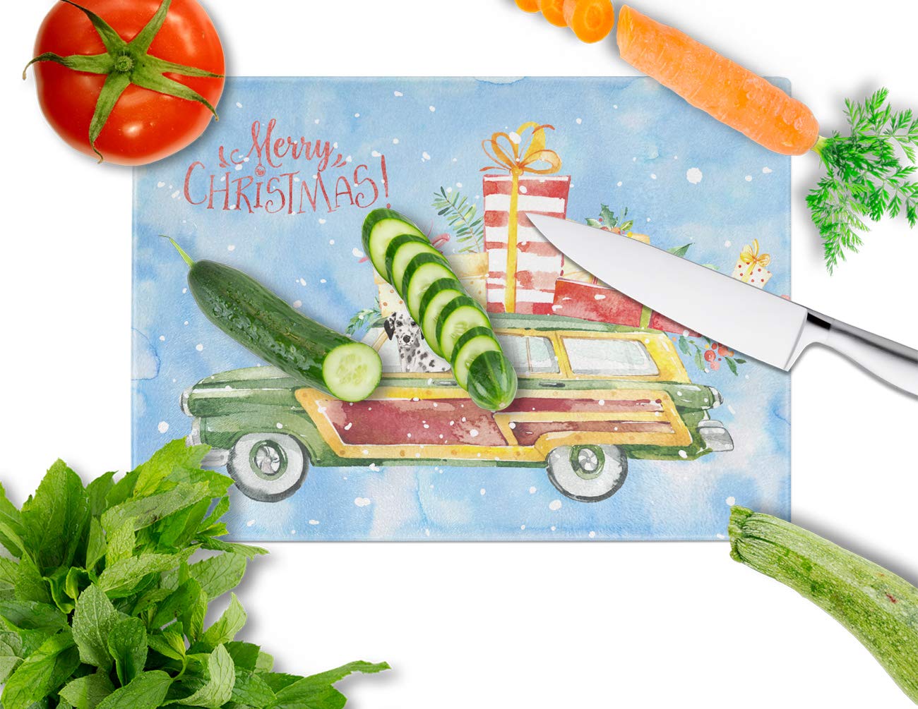 Merry Christmas Dalmatian Glass Cutting Board - Large Tempered Glass Kitchen Cutting & Serving Board - Holiday Decorative Chopping Board for Christmas Parties & Gift Giving