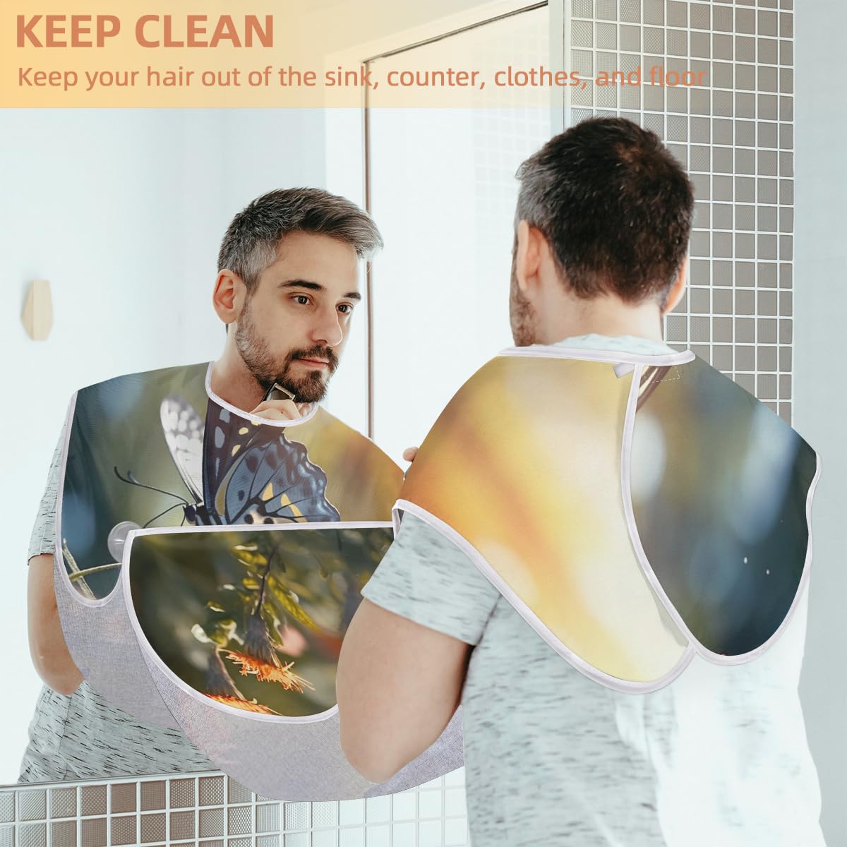 Men's Spring Butterfly Flower Beard Shaving Bib - Waterproof Makeup & Hair Dye Apron for Barbers, Stylists & DIY Grooming | Sink Hair Catcher & Beard Trimming Accessory | Perfect for Salon, Home Use & Grooming Gifts