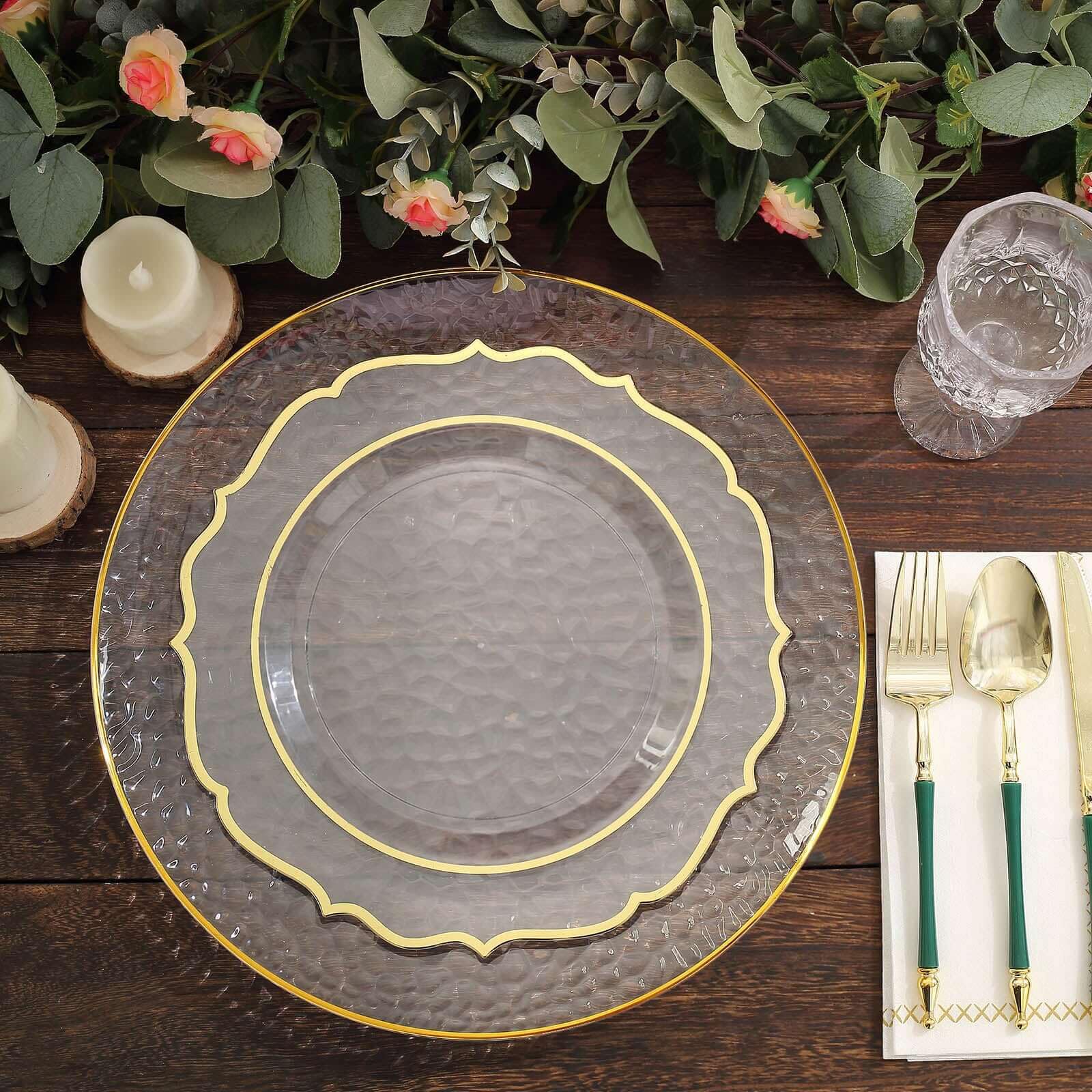 Efavormart 6 Pack 13 Inch Clear Gold Rim Hammered Plastic Charger Plates - Round Disposable Serving Plates for Weddings, Parties, and Events