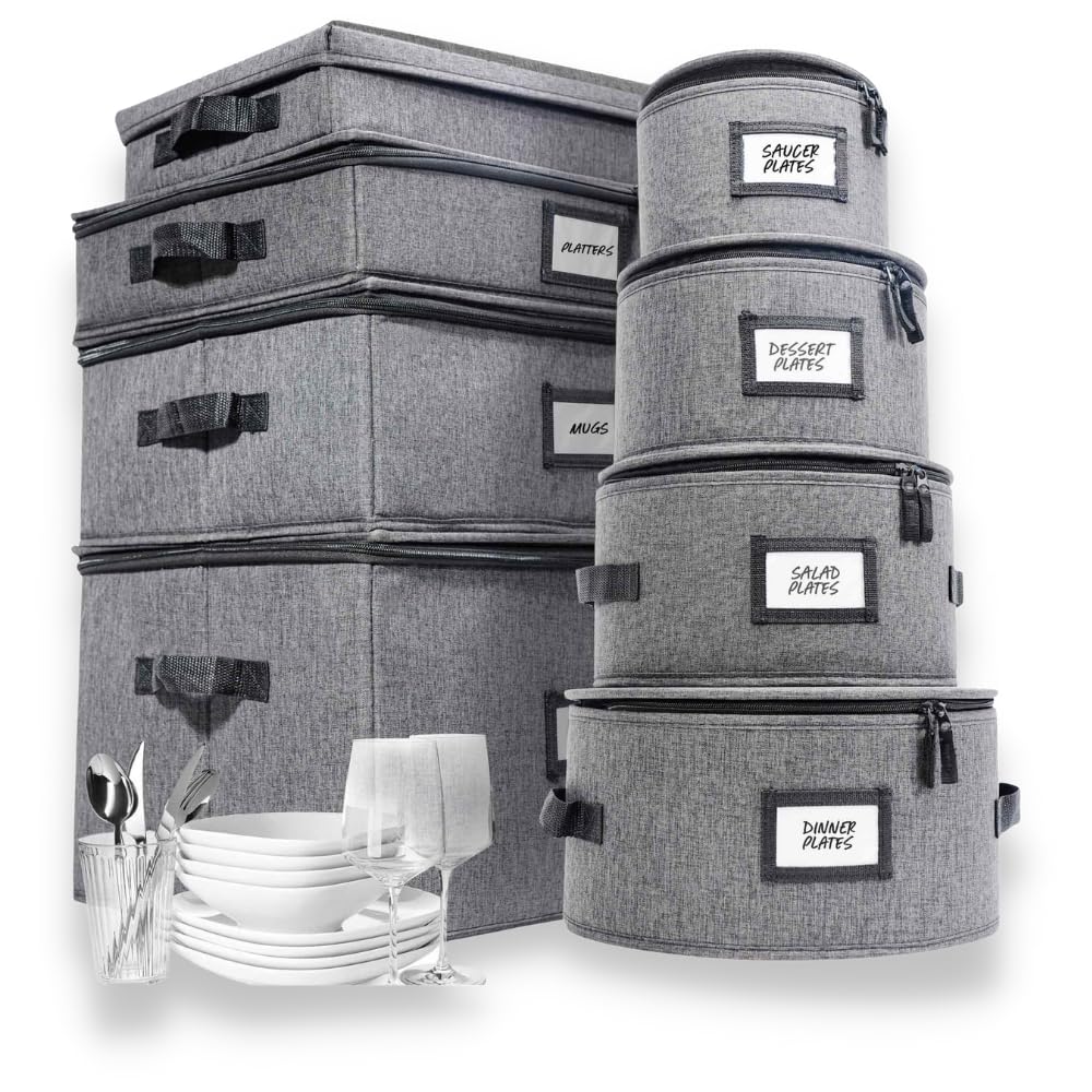 8-Piece Hard Shell China Storage Containers Set with Lids - Heavy Duty Dinnerware Organizer for Plates, Wine Glasses, Mugs & Utensils - Perfect for Moving, Kitchen Organization & Dishware Protection