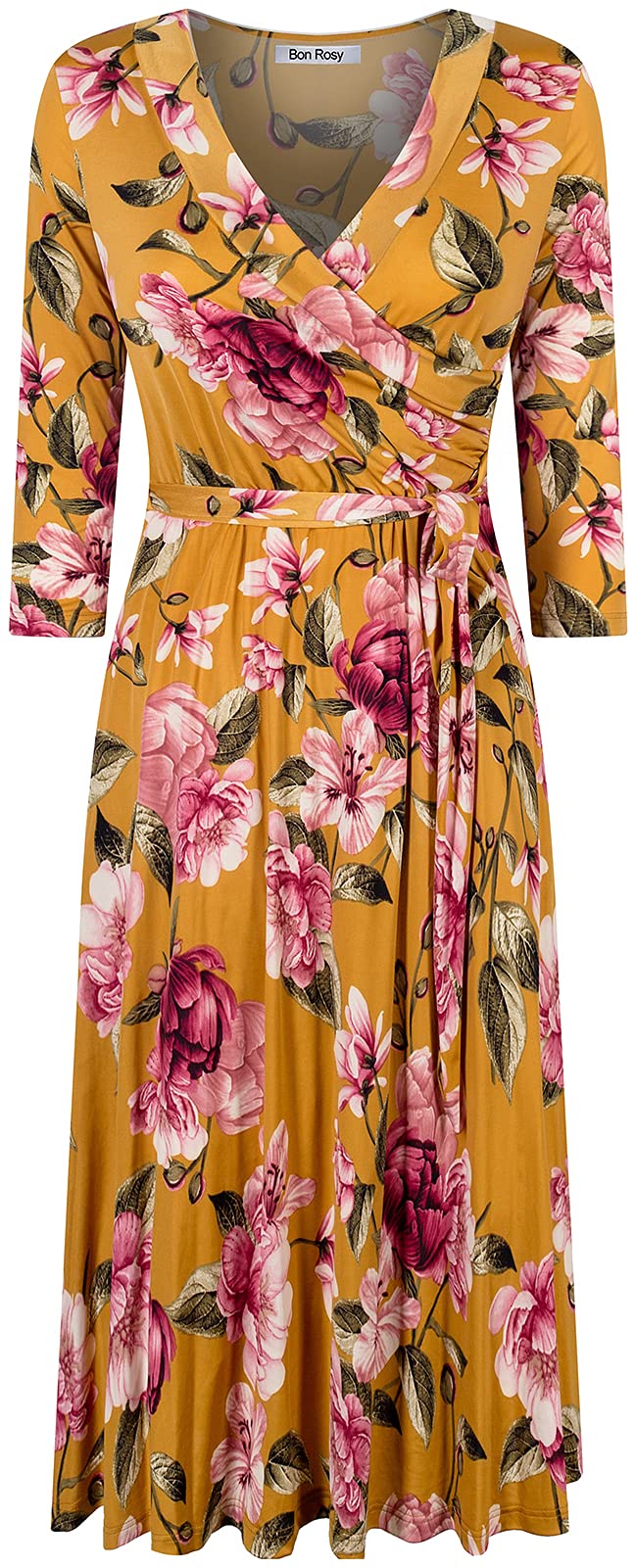 Women's 3/4 Sleeve Faux Wrap Midi Dress - Made in USA, Knee Length Summer Dress for Wedding Guest, Party, Bridal, Baby Shower & Maternity Nursing - Mustard Yellow | Perfect for Outdoor Events & Special Occasions