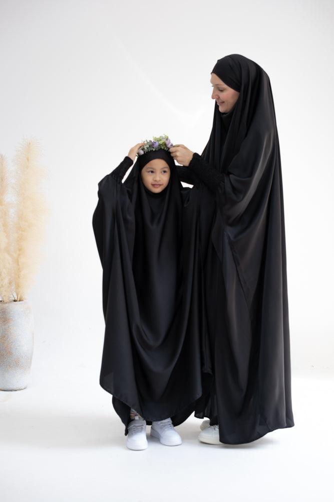 Little Gretaah Khimar Style Prayer Gown for Kids - Black Islamic Dress with Ribbed Sleeve Cuffs - Perfect for Mosque, Eid Celebrations & Religious Ceremonies