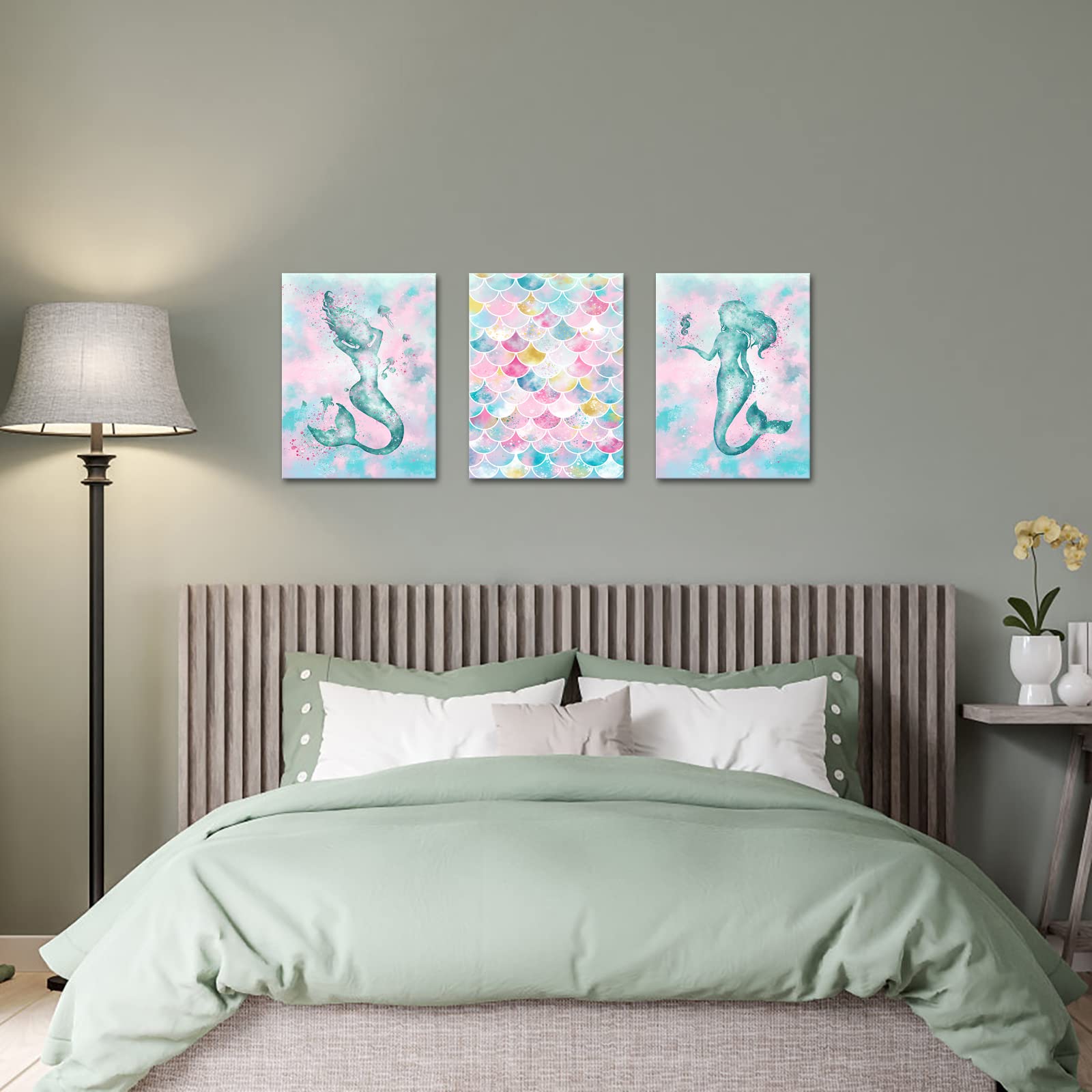 Artmyharbor Mermaid Wall Art - Romantic Pink & Blue Marine Theme Painting for Bathroom, Girls Bedroom & Nursery Decor - Perfect for Coastal, Beach & Underwater Themed Rooms