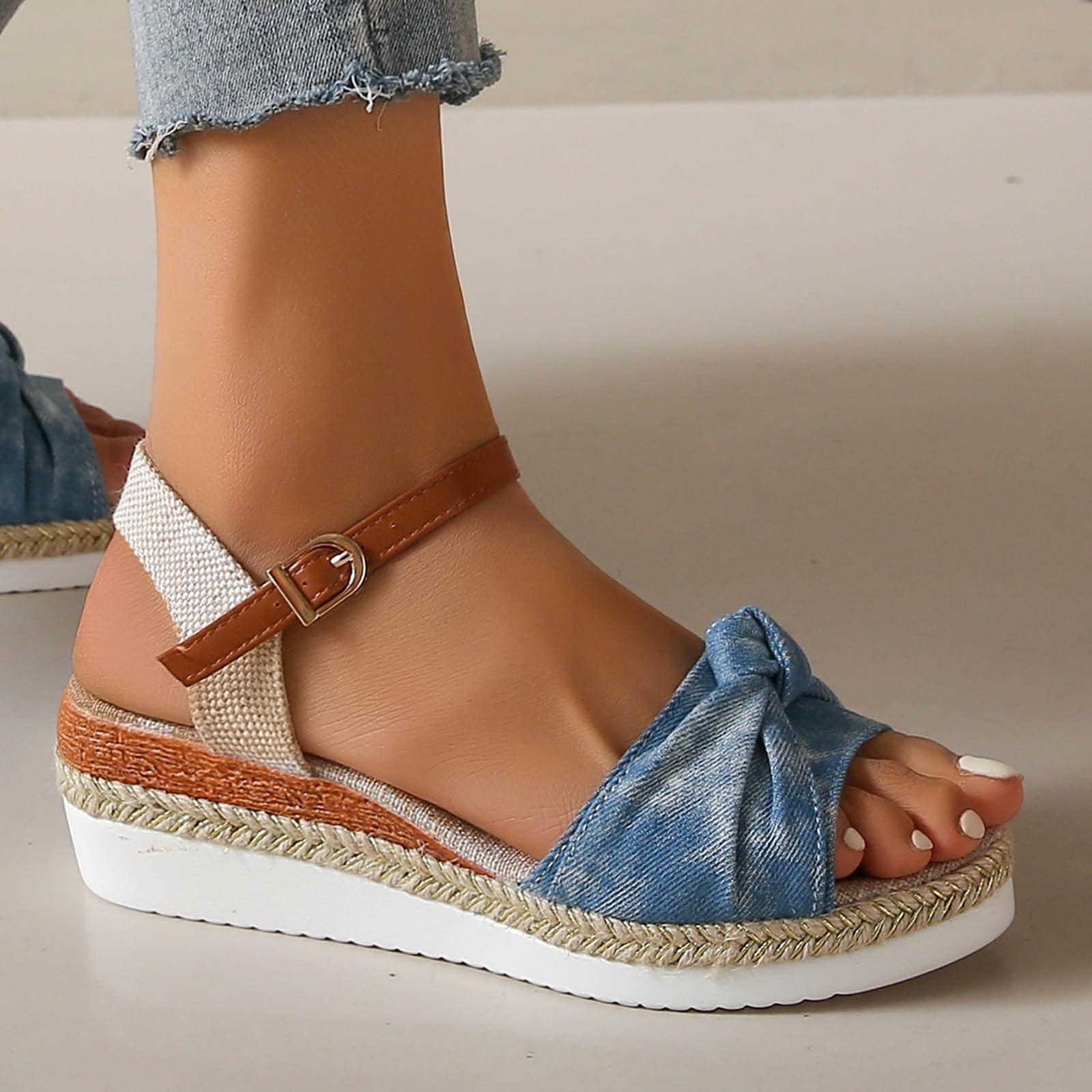 Women's Summer Wedge Fish Mouth Roman Sandals - Dressy Blue Sandals Size 38 | Comfortable & Stylish for Beach, Vacation, and Casual Outings