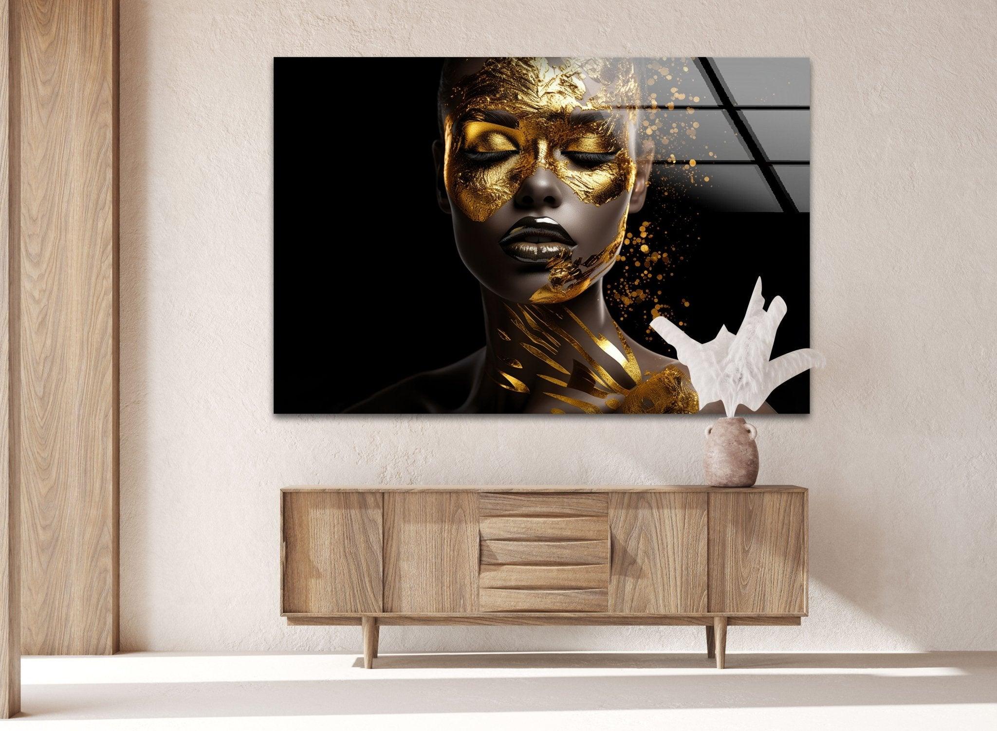African Woman Portrait with Gold Face - Elegant Glass Wall Art for Living Room, Bedroom & Office Decor