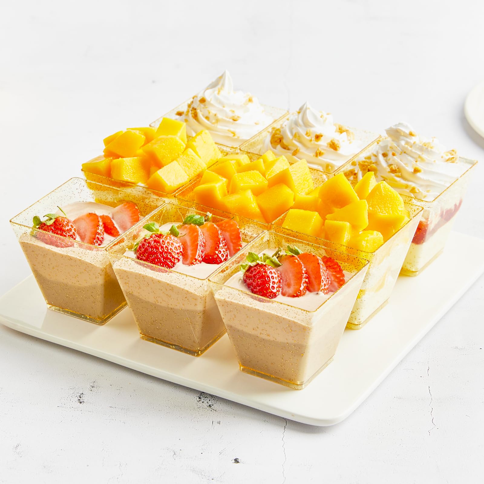 3.5 oz Mini Gold Glitter Plastic Dessert Cups with Spoons - 50 Pack Small Parfait Shooter Cups for Party Appetizers, Banana Pudding, Jello, Ice Cream & Cocktail Serving - Elegant Wedding & Birthday Party Decorations