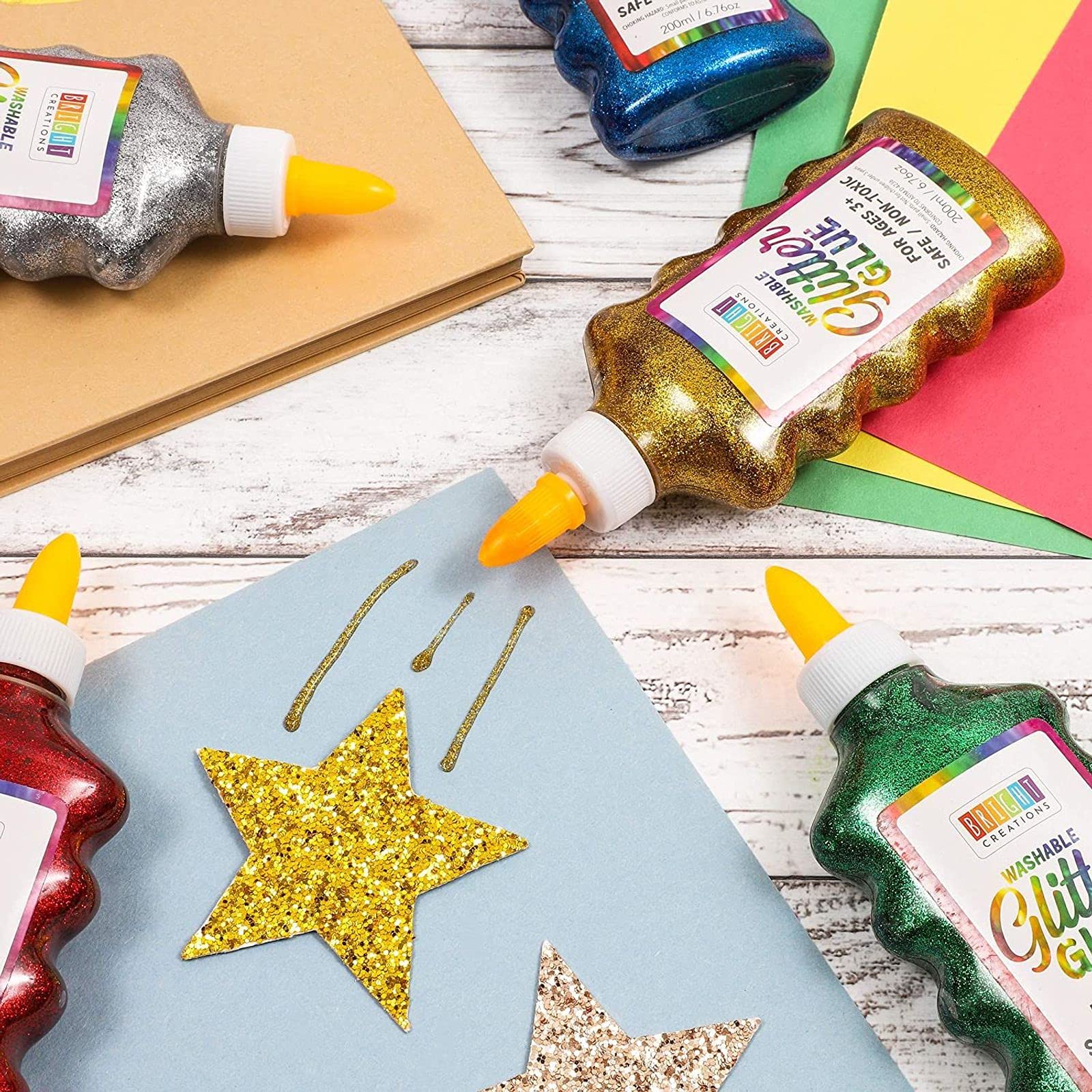Bright Creations Glitter Glue Set for Arts & Crafts - 8 Vibrant Colors (6.76 Oz Each) | Non-Toxic Washable Glue for DIY Projects, Scrapbooking, Kids Crafts & School Supplies | Pack of 8 Glitter Glue Bottles