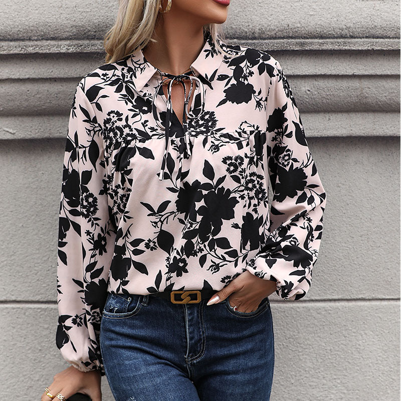LOVEVOP 2025 Women's Fashion V-Neck Lace-Up Printed Shirt - Trendy Fall Winter Blouse for Casual Wear, Date Night & Office Outfits