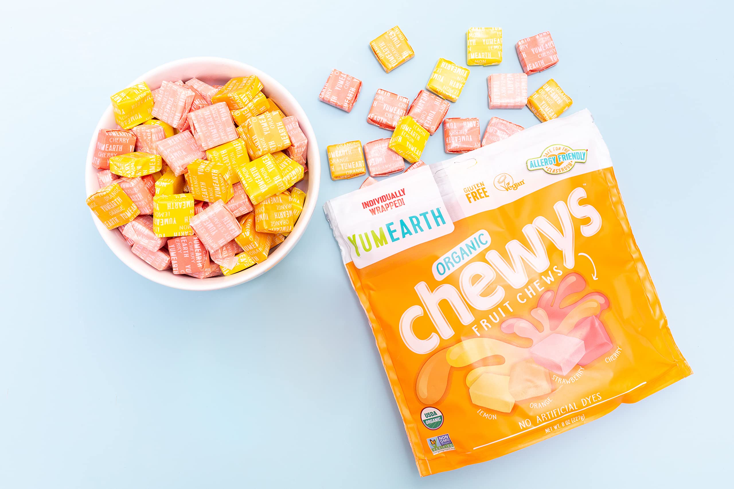 YumEarth Organic Fruit Chews - Natural Fruit Flavored Candy, Dye-Free, Allergy Friendly, Gluten Free, Non-GMO, Vegan Snacks with No Artificial Flavors, 8oz (Pack of 6) - Perfect for School Lunches, Parties & Healthy Treats
