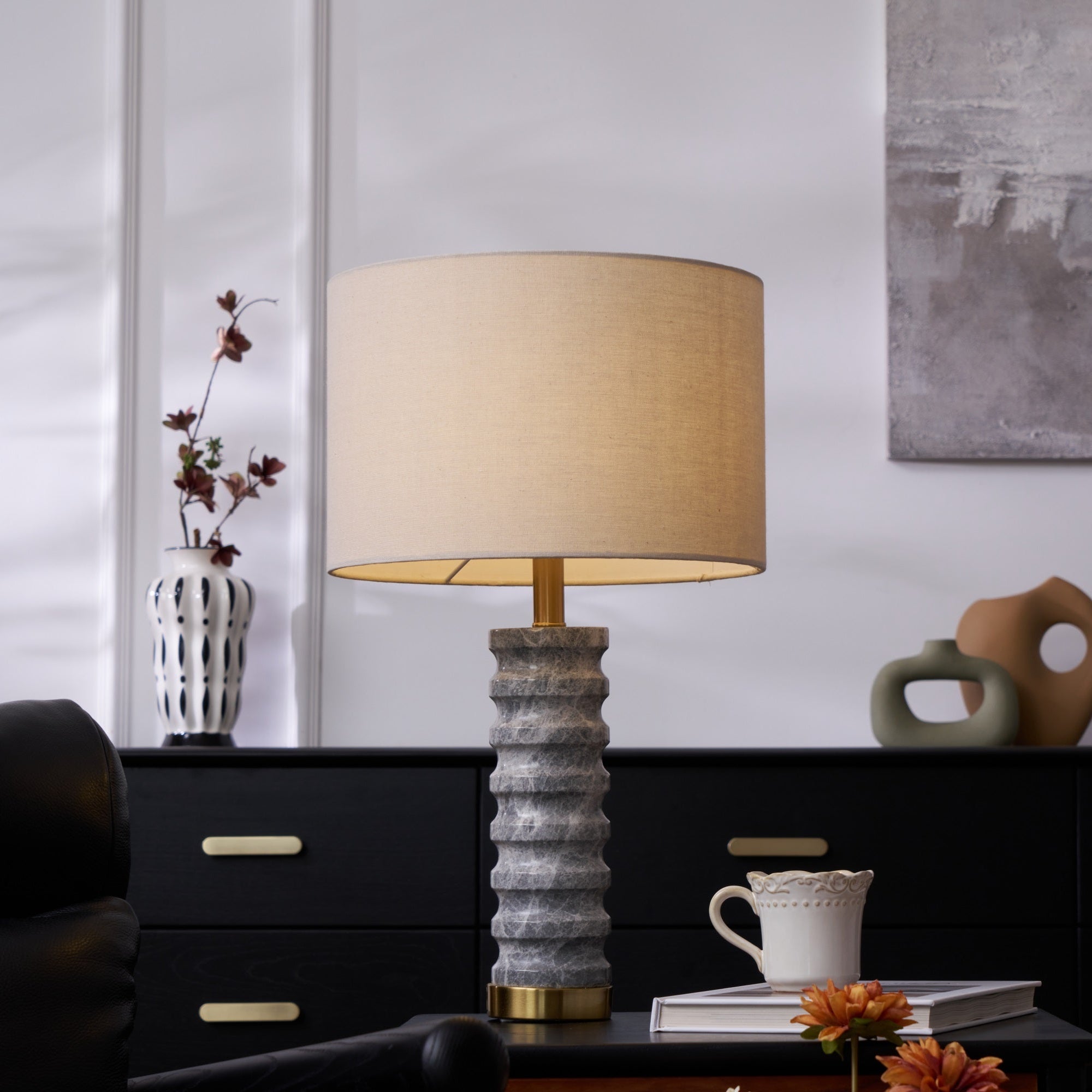 Rivara Modern Stone Table Lamp - Natural Stone Base with Fabric Shade for Bedroom, Living Room, and Office Decor