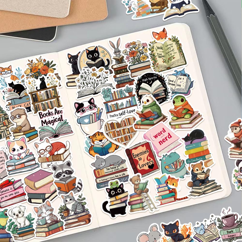 50-Piece Bookish Animal Reading Stickers Set - Cute Inspirational Quote Decals for Book Lovers, Perfect for Journals, Laptops, Scrapbooking & Kindle Covers - Great Gift for Readers & Students