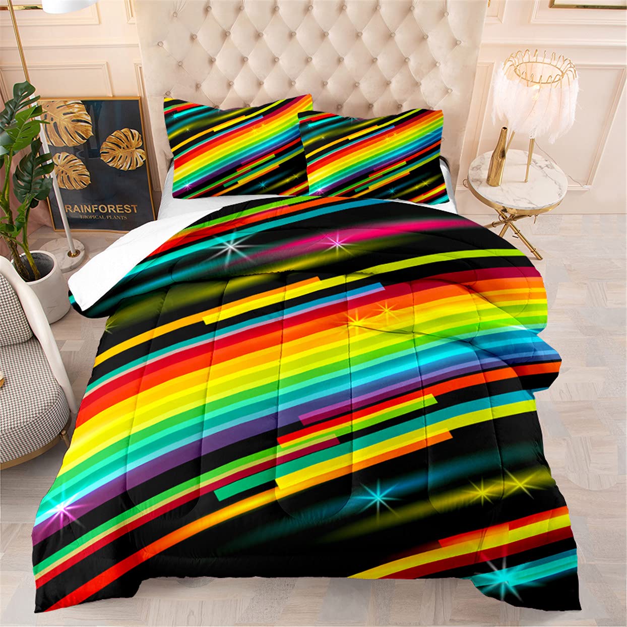 EDUMEYA Abstract Rainbow Bedding Set Full Size - Colorful Stars & Stripes Comforter with 2 Pillowcases for Girls & Kids | Soft Bedroom Decor for Teens, Dorm Room Essentials, Cozy Sleep Solution