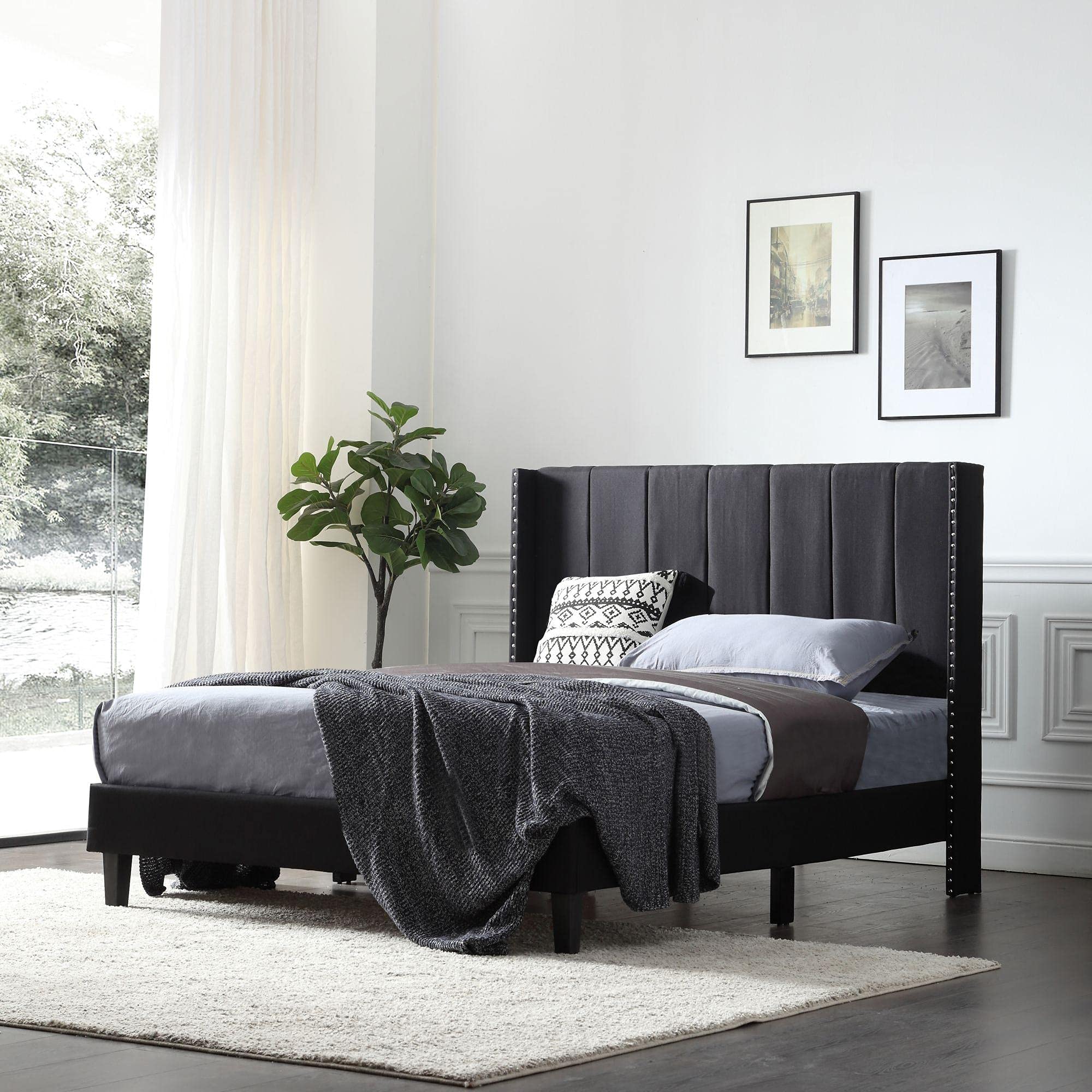 Modern Upholstered Full Size Bed Frame with Headboard & Wood Slat Support - Faux Leather Platform Bed No Box Spring Needed - Easy Assembly Black - Perfect for Guest Rooms, Apartments & Modern Bedrooms