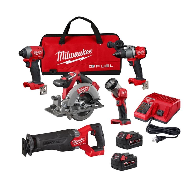 M18 FUEL 18V Brushless Cordless 5-Tool Combo Kit with Lithium-Ion Battery - Power Drill, Impact Driver, Circular Saw, Reciprocating Saw & Work Light for DIY, Construction & Home Improvement Projects