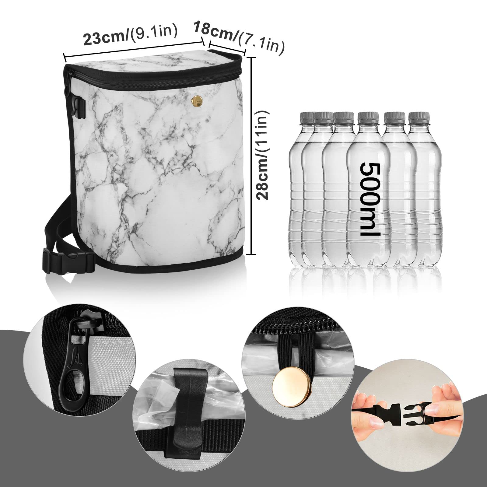 White Marble Print Car Trash Can with Lid - Leakproof Waterproof Auto Garbage Bin | Collapsible Portable Car Trash Organizer for Sedan, SUV, Truck | Multipurpose Vehicle Waste Container for Road Trips & Daily Commute