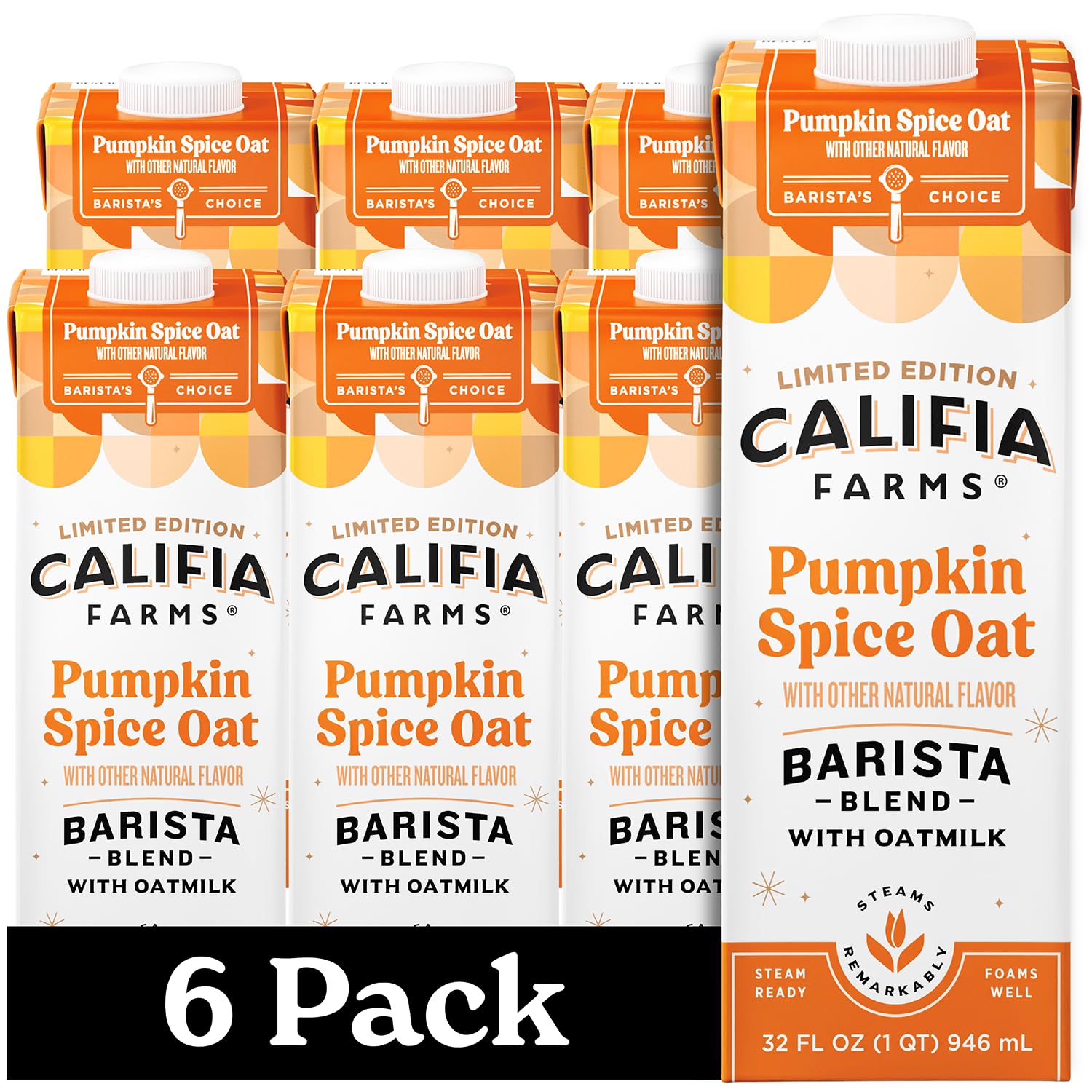 Califia Farms Pumpkin Spice Oat Barista Blend Oat Milk - 32 Oz (Pack of 6) | Shelf Stable, Dairy-Free, Vegan, Gluten-Free, Non-GMO Plant Based Milk | High Calcium Oatmilk for Coffee, Lattes & Baking | Perfect Milk Frother & Creamer Alternative