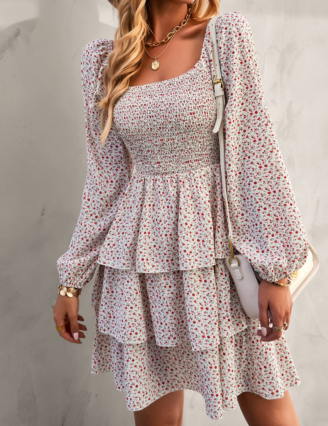 BTFBM Women's Floral Swiss Dot Square Neck Smocked Mini Dress - Long Sleeve Boho Wedding Guest Dress for Spring & Summer 2025 | Perfect for Garden Parties, Bridal Showers & Beach Weddings