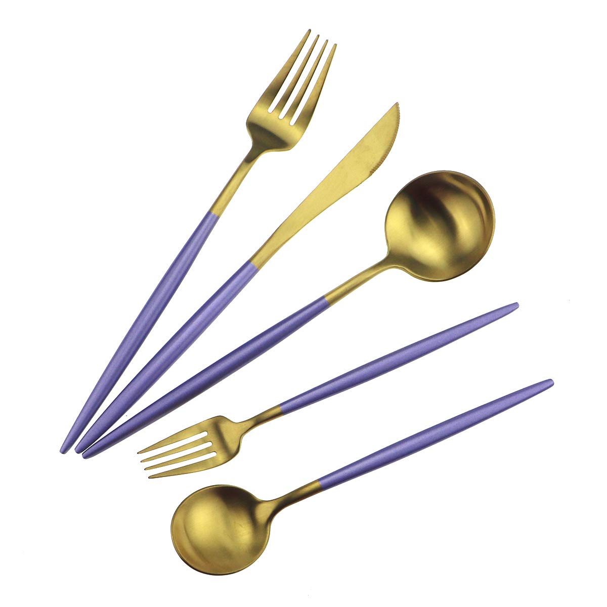 Gugrida 5-Piece Purple Gold Flatware Set - 18/10 Stainless Steel Cutlery with Matte Purple Handle (Fork, Spoon, Knife) - Elegant Dinnerware for Home, Camping & Travel - Durable Silverware for Everyday Use & Outdoor Adventures