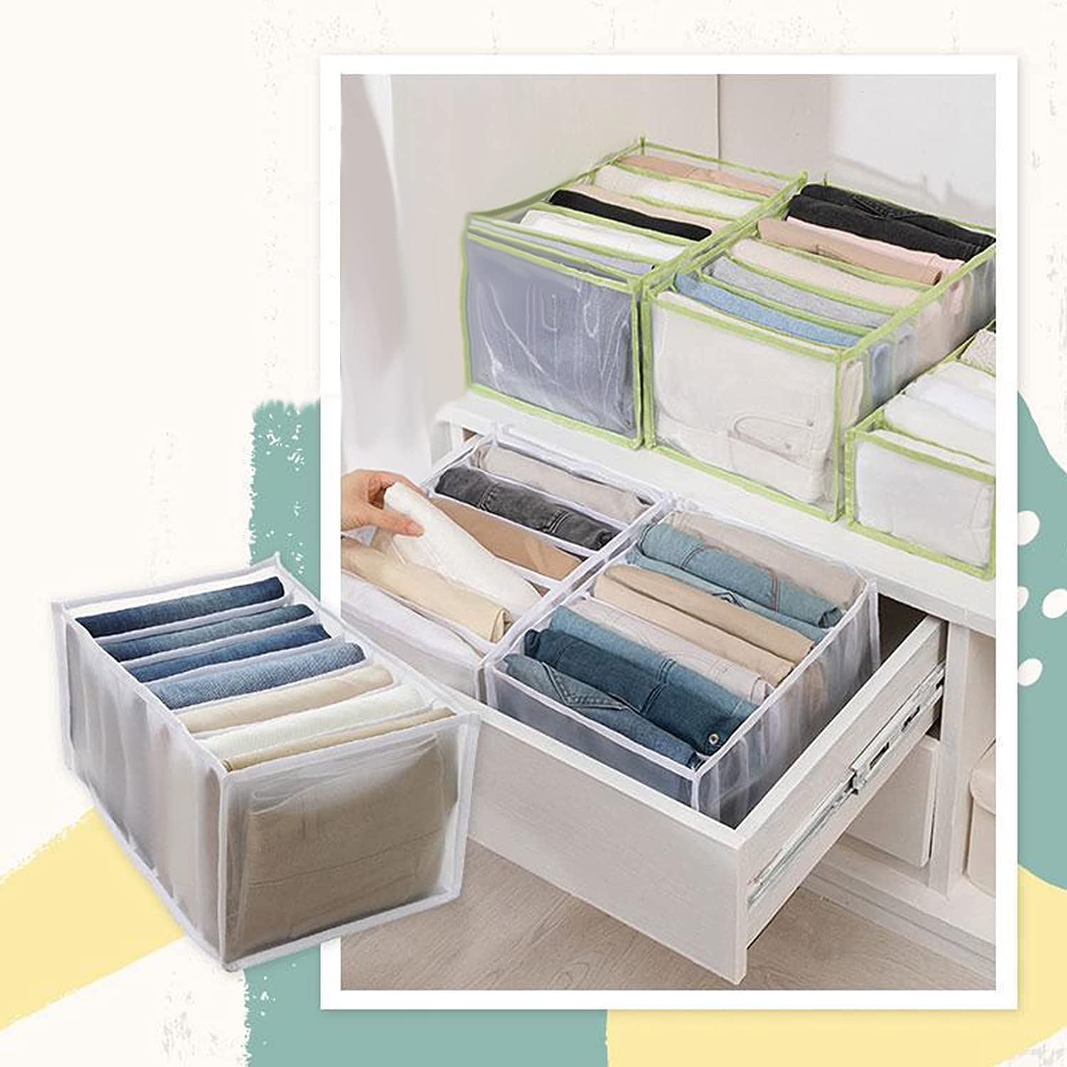 7-Grid Washable Mesh Wardrobe Organizer - Foldable Clothes Storage Box with Jeans Compartment | Portable Closet Drawer Organizer for T-Shirts, Sweaters & Folded Clothes | Perfect for Bedroom, Dorm & Travel Storage