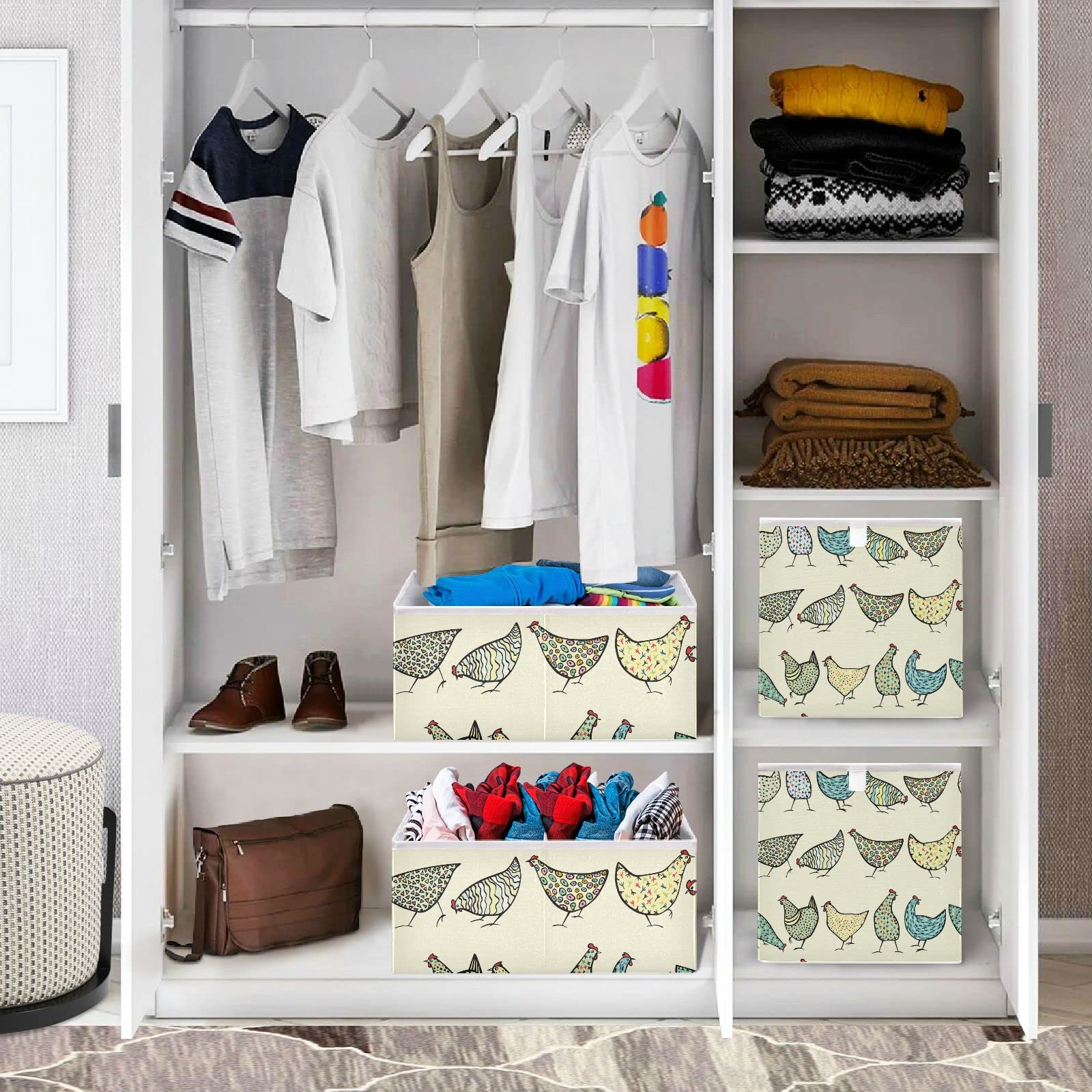 Abstract Hand-Drawn Chickens Storage Basket - Collapsible Square Bin for Nursery, Home Office & Dorm Room | Perfect for Organizing Toys, Books & Laundry