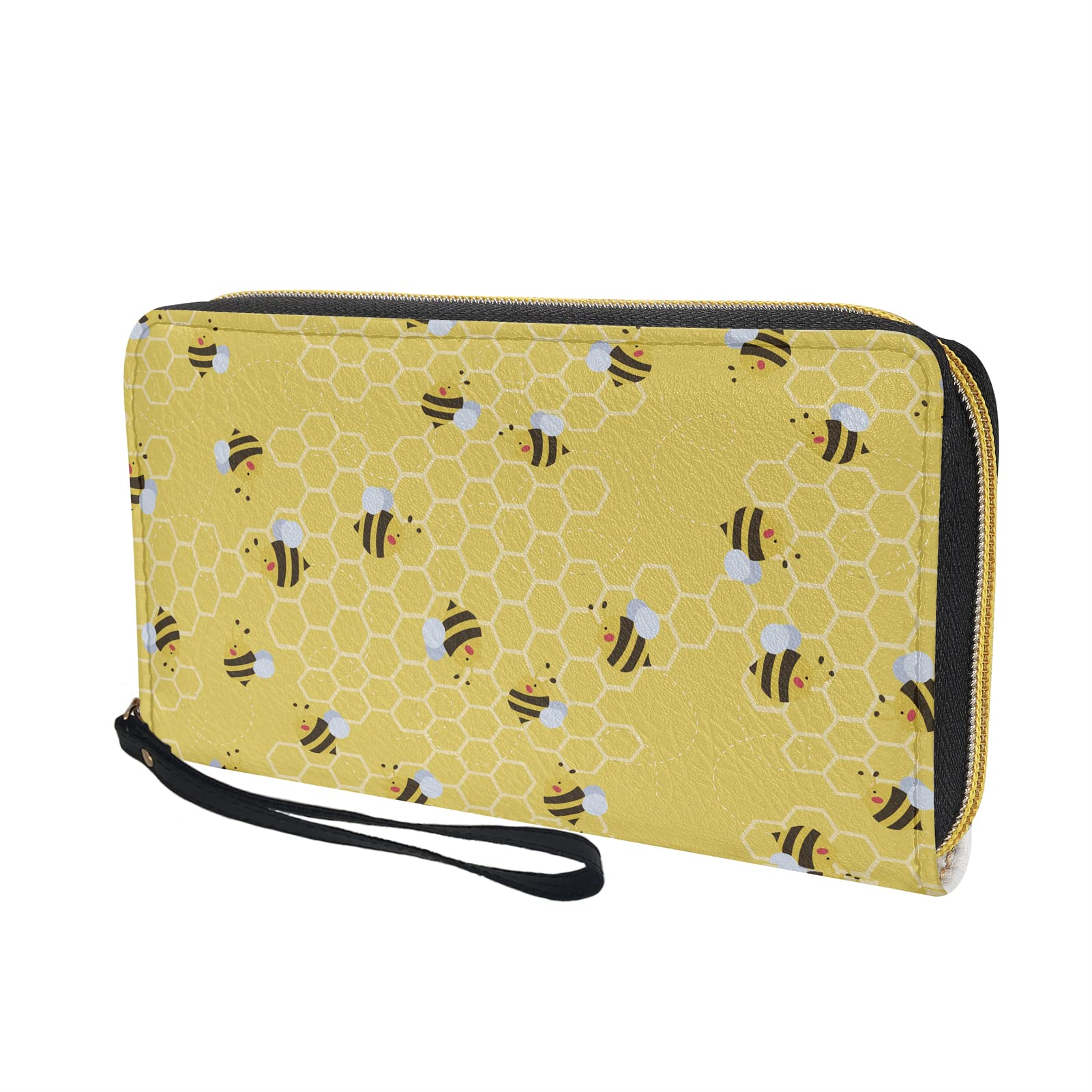 Cute Honey Bee Print Zip Around Wallet for Women - Cell Phone Holder & Wristlet Clutch Purse - Travel Essentials & Everyday Use