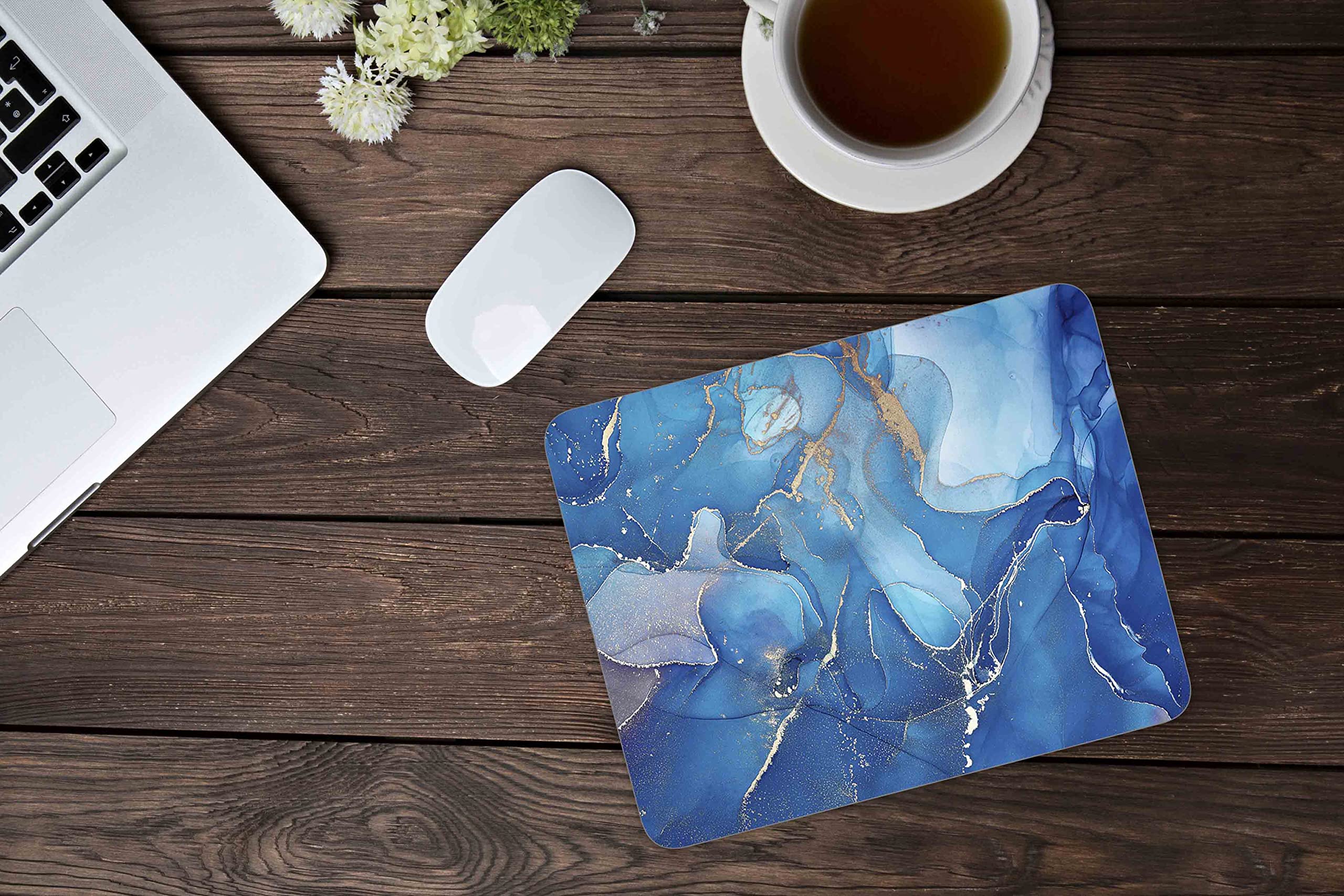 Premium Bright Blue Gold Marble Gaming Mouse Pad - Non-Slip Rubber Base, Waterproof Surface, Custom Design for Office, Home & Travel Use - Perfect for Laptops, Desktops & Gaming Setups - 9.5