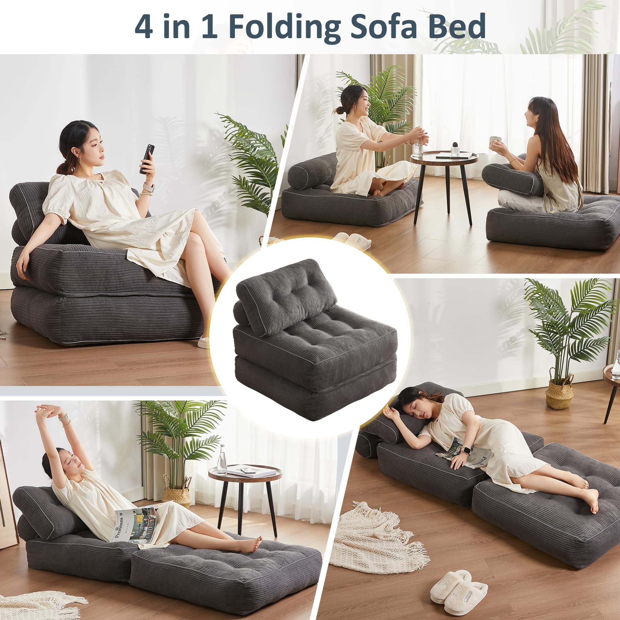 Convertible Folding Chair Bed - Multi-Functional Futon Sofa Bed for Living Room, Bedroom & Small Spaces - Grey Floor Couch for Adults - Perfect for Guest Sleeping, Lounging & Space Saving