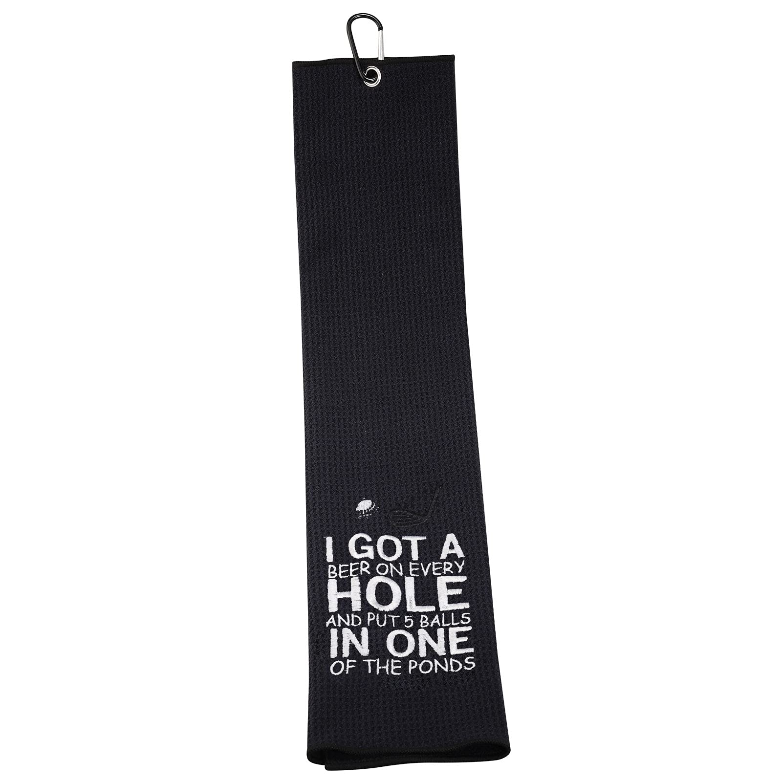 PXTIDY Funny Golf Towels for Men - 'I Got A Beer On Every Hole' Embroidered Golf Towel with Clip - Perfect Gift for Golf & Beer Lovers (Black) - Great for Golf Courses, Driving Ranges & Sports Events