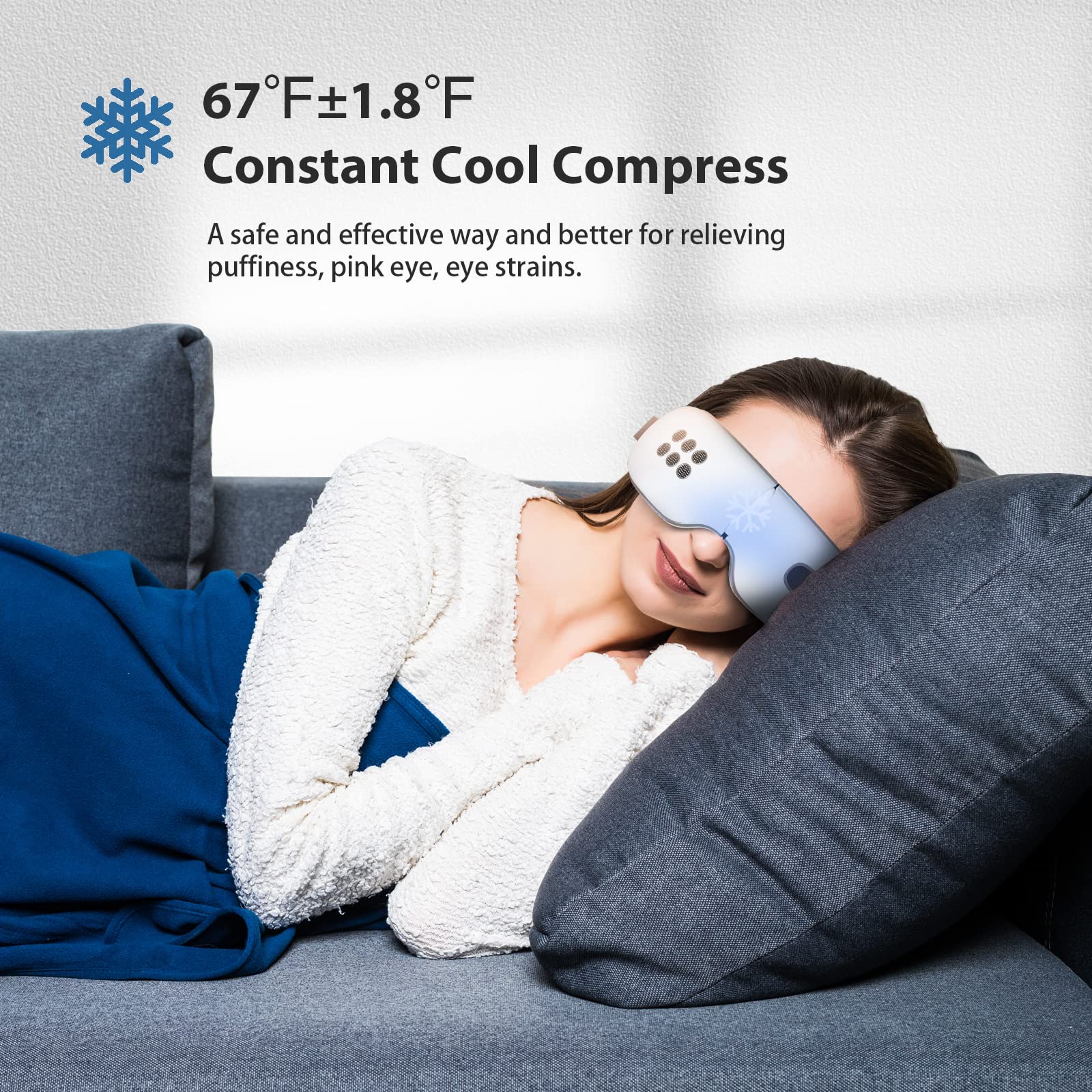 Rechargeable Bluetooth Eye Massager with Heat & Cooling Therapy for Migraine Relief, Dry Eyes, Dark Circles | Sleep Aid with Music | Perfect Gift for Women & Men (White) | Use for Home Relaxation, Office Stress Relief & Travel Comfort