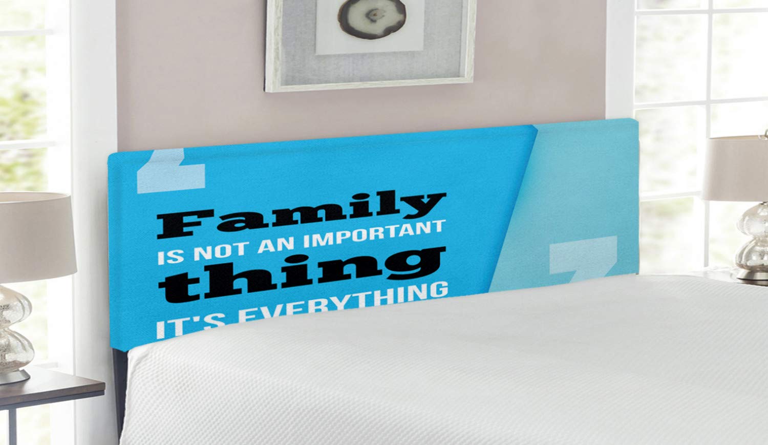 Ambesonne Upholstered Queen Size Headboard - Modern Inspirational 'Family is Everything' Design with Memory Foam, Turquoise Blue & Black Metal Bed Frame | Perfect for Master Bedrooms, Guest Rooms & Cozy Family Spaces