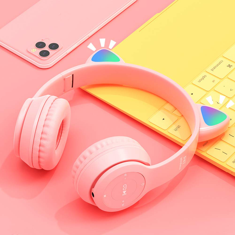 LED Cat Ear Bluetooth 5.0 Wireless Headphones for Kids & Adults - Foldable Gaming Headset with Built-in Mic, Noise Cancelling Over-Ear Design (Pink) - Perfect for Gaming, Online Classes & Music Listening
