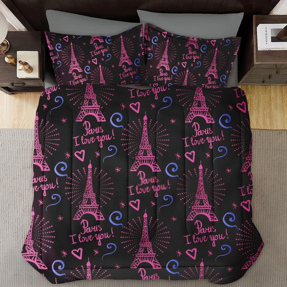 King Size Comforter Set - Paris I Love You Soft Bedding Collection for Kids & Adults, Eiffel Tower Design with 2 Pillowcases | Cozy Bedroom Decor for Guest Rooms, Kids' Rooms & Master Bedrooms