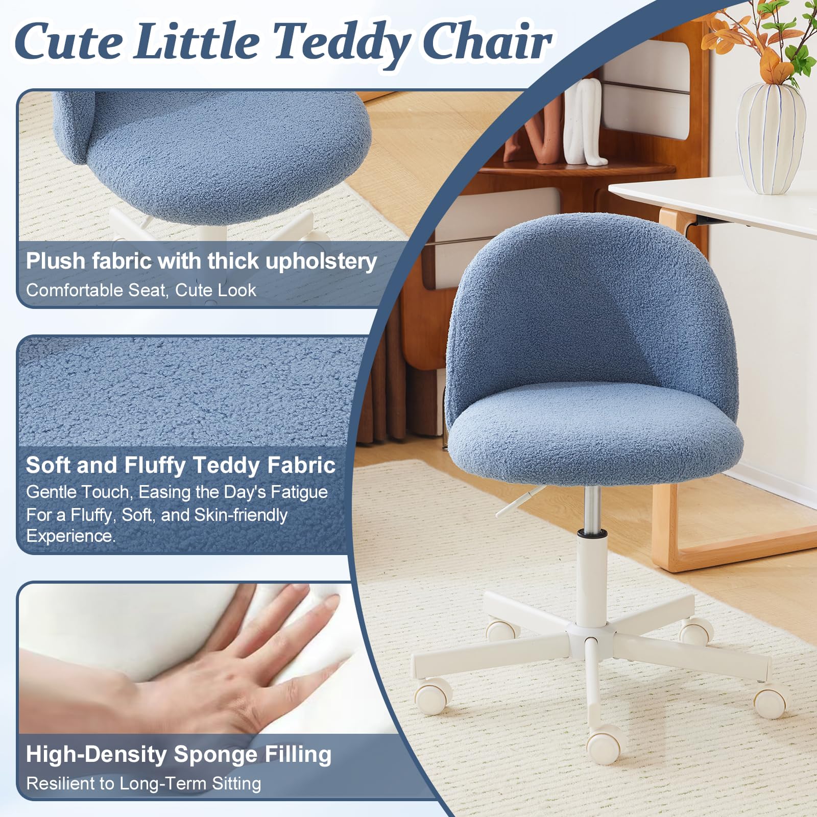 VINGLI Armless Cute Desk Chair with Wheels - Comfortable Small Office Chair, Adjustable Swivel Vanity Chair with Lumbar Support, Rolling Computer Task Chair for Home Office & Bedroom (Fog Blue) - Perfect for Gaming, Studying, and Workspace Ergonomics
