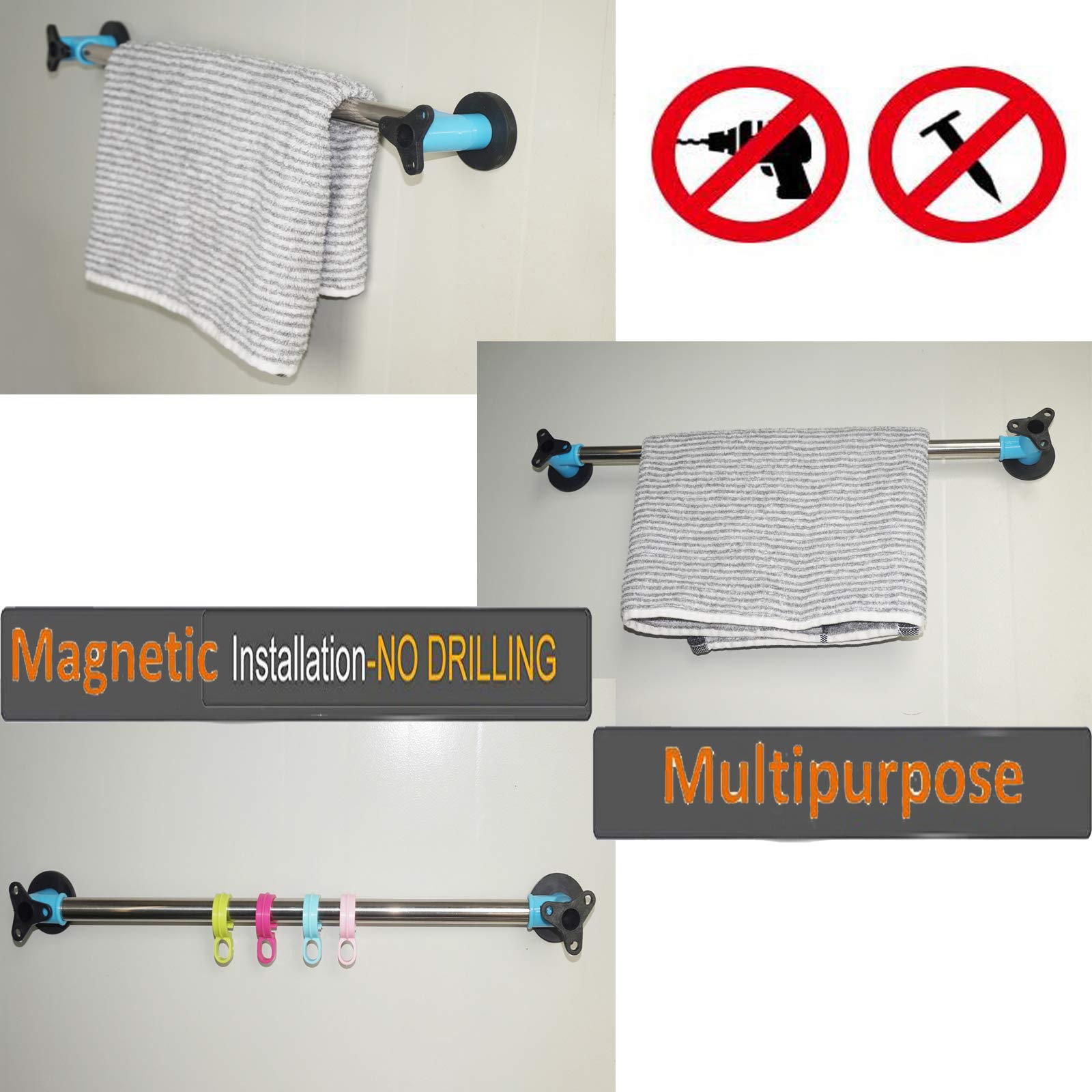 Stainless Steel Magnetic Towel Bar - 18 Inch Strong Hold Towel Rail & Hanger for Bathroom, Kitchen, Gym - No Drilling Installation for Showers & Lockers