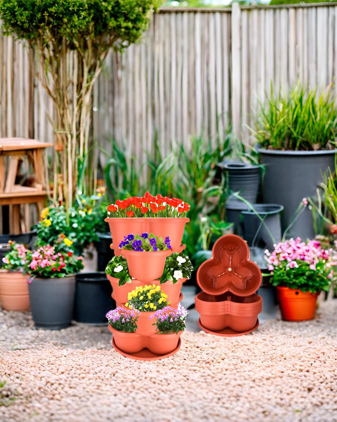 2-Pack Stackable Planter Pots - Brick Red 5-Tier Garden Tower for Vegetables, Herbs & Succulents | Indoor/Outdoor Vertical Gardening | Space-Saving Flower Pots for Balcony, Patio & Small Gardens
