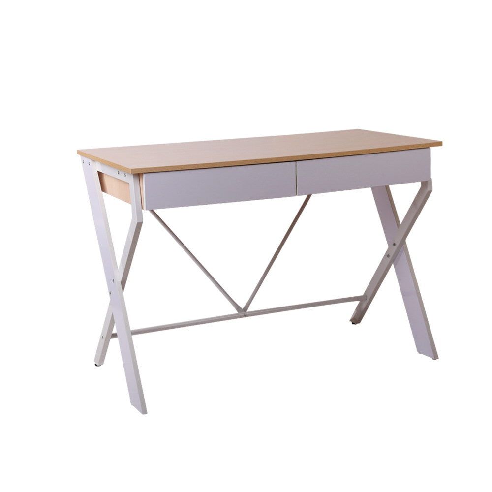 White Metal Desk with Oak Top and Drawer - Modern Home Office Furniture for Small Spaces & Workstations