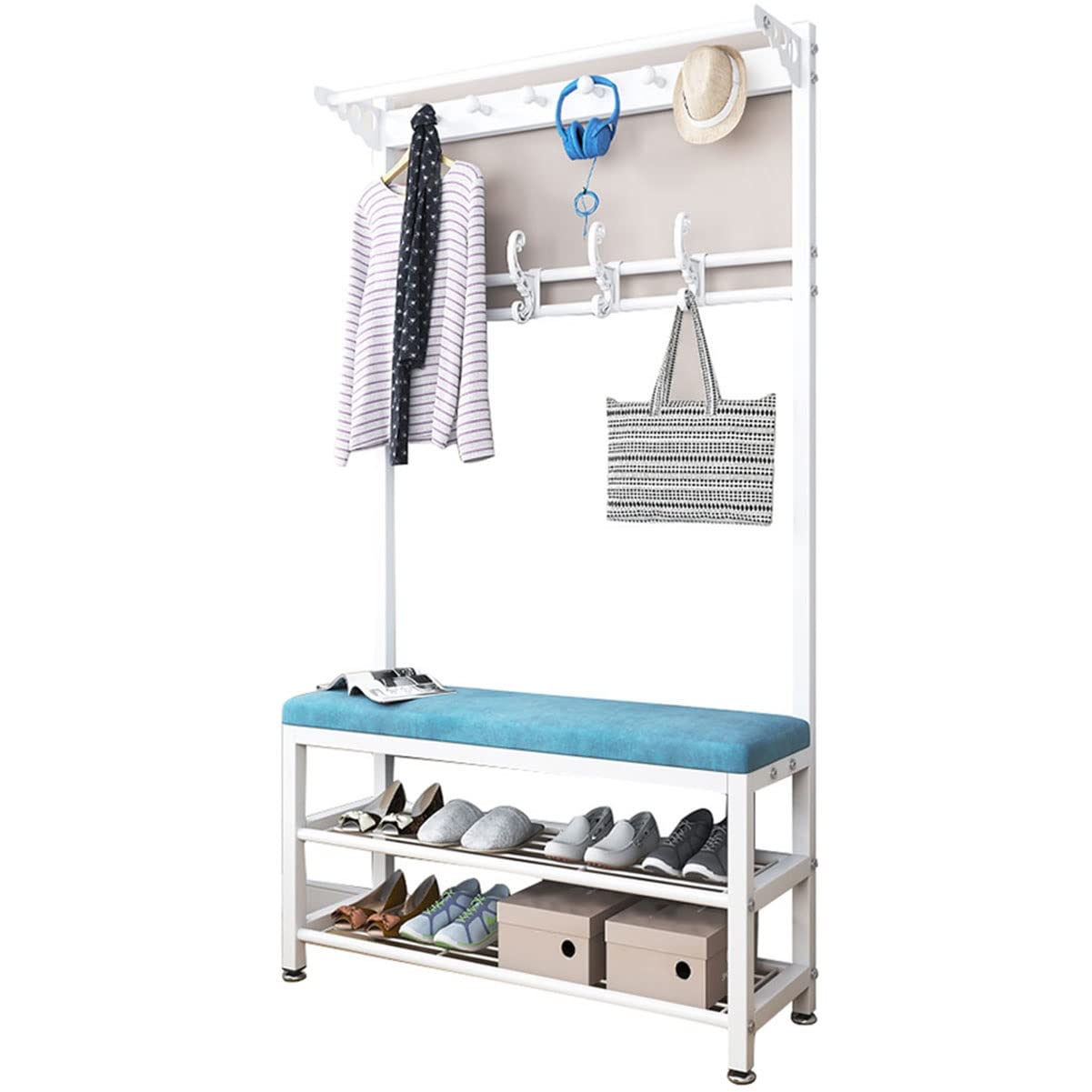 Mixfom Freestanding Hall Tree with Coat Hooks, 2-Tier Shoe Storage Shelf & Bench - Entryway Organizer for Hallway, Bathroom & Foyer (White, 80x33x170cm) - Perfect for Small Spaces, Apartments & Mudroom Organization