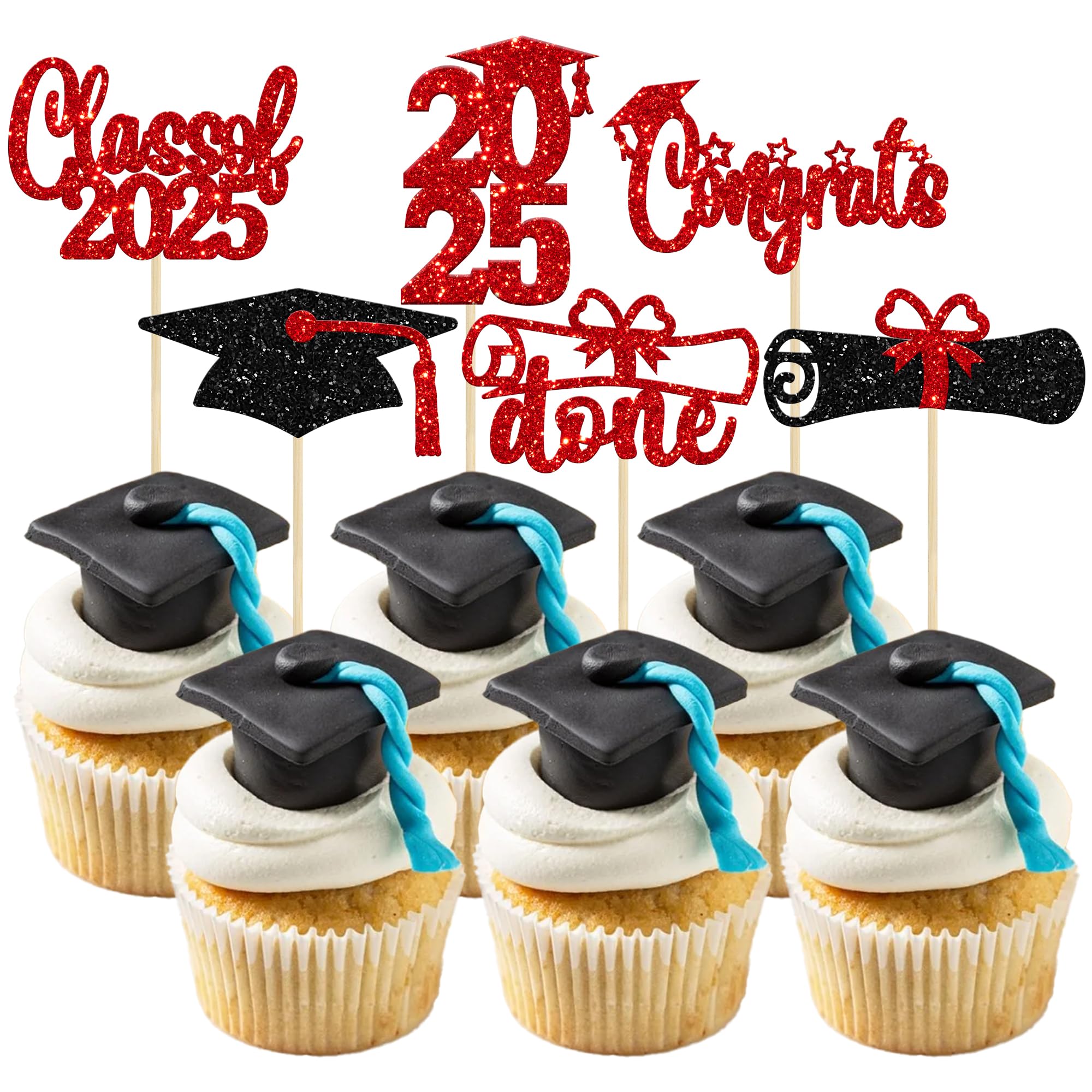 24 PCS 2025 Graduation Cupcake Toppers - Glitter Congrats Grad Cap & Diploma Cake Decorations - Red - Perfect for 2025 Graduation Party, School Celebration & Cake Decorating Supplies