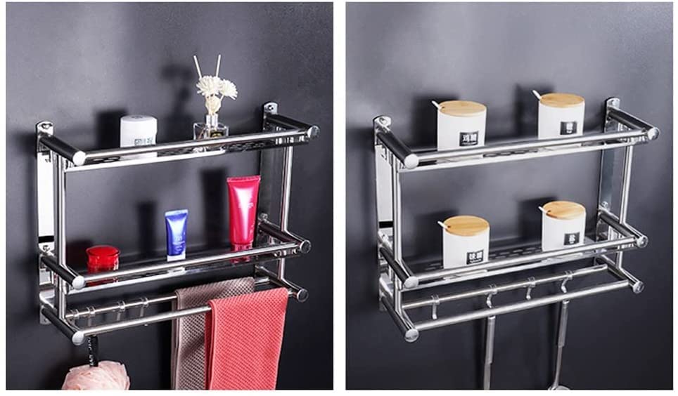 MUSUMI 60cm Silver Wall Mounted Bathroom Shelf - No Drill Hanging Storage Organizer for Bathroom, Kitchen, Toilet | Space Saving Solution for Towels, Toiletries & Kitchen Supplies