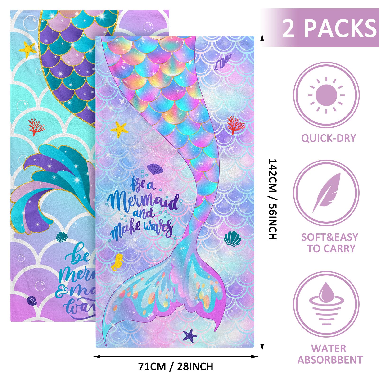 Yahenda 2 Pack Kids Mermaid Beach Towels - Quick Dry Swim & Bath Towels for Girls, 28 x 55 Inch - Perfect for Pool, Beach, Travel, Camping & Shower Use