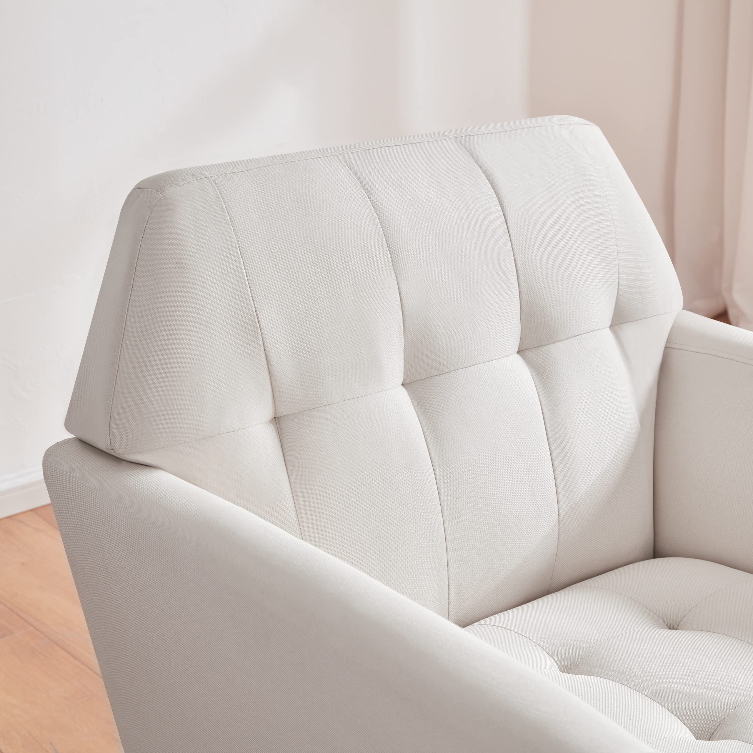 Midcentury Modern Linen Fabric Accent Chair - Tufted Upholstered Armchair for Living Room & Bedroom, Comfy Reading Chair in Ivory Beige | Perfect for Home Office, Lounge & Cozy Corners