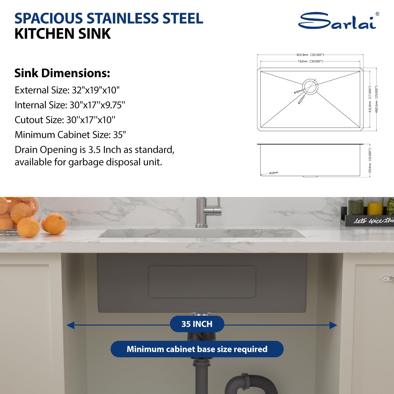 Sarlai 32-Inch Undermount Kitchen Sink - 16 Gauge Stainless Steel Single Bowl Sink with Rounded Corners (32x19 Inches) - Perfect for Modern Kitchens, Restaurant Prep, and Heavy-Duty Home Use