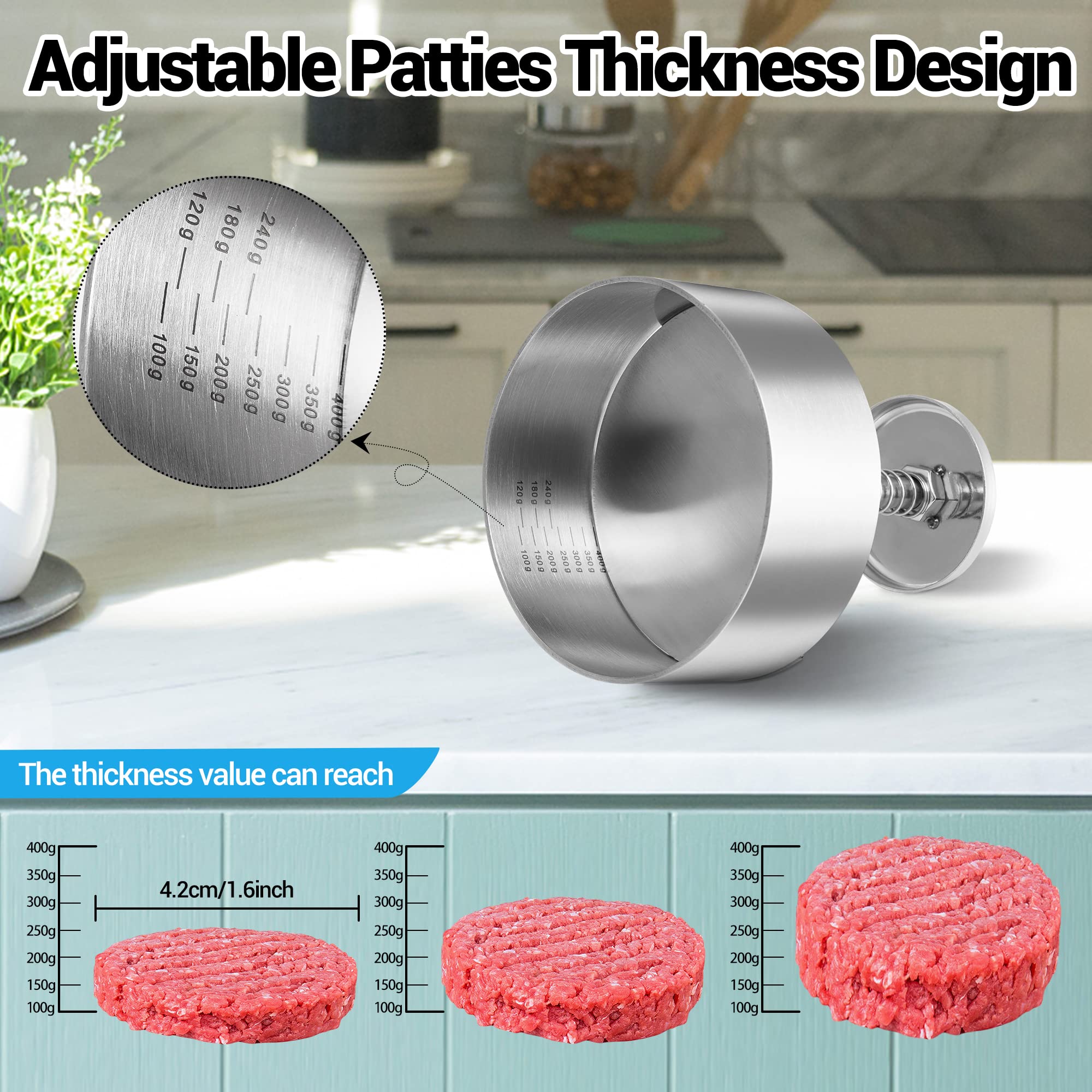 304 Stainless Steel Adjustable Burger Press Maker - Non-Stick Patty Shaper for Beef, Veggie & BBQ Burgers (4.52 Inch) - Perfect for Home Cooking, Backyard Grilling & Restaurant Use